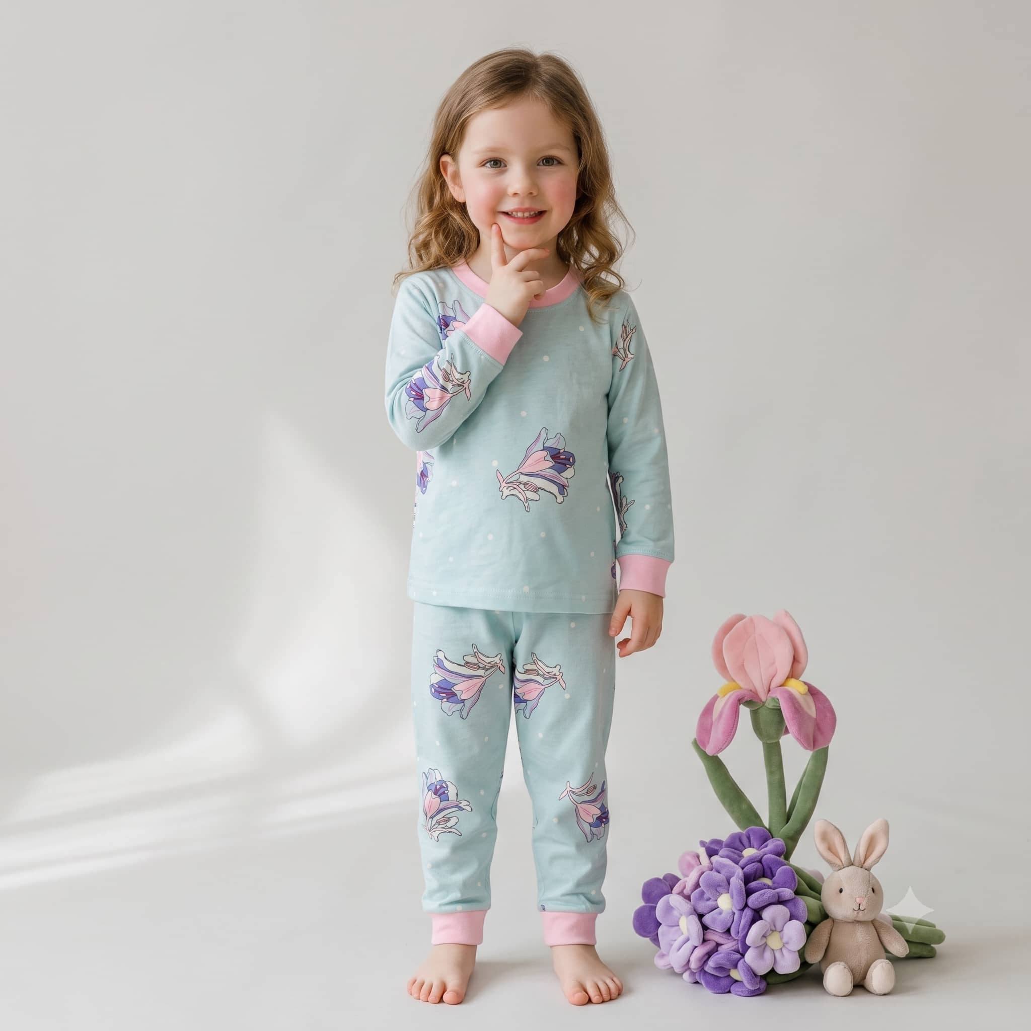 Aqua Blossoms Girls Full Sleeves Pajama Set - Aqua Blue