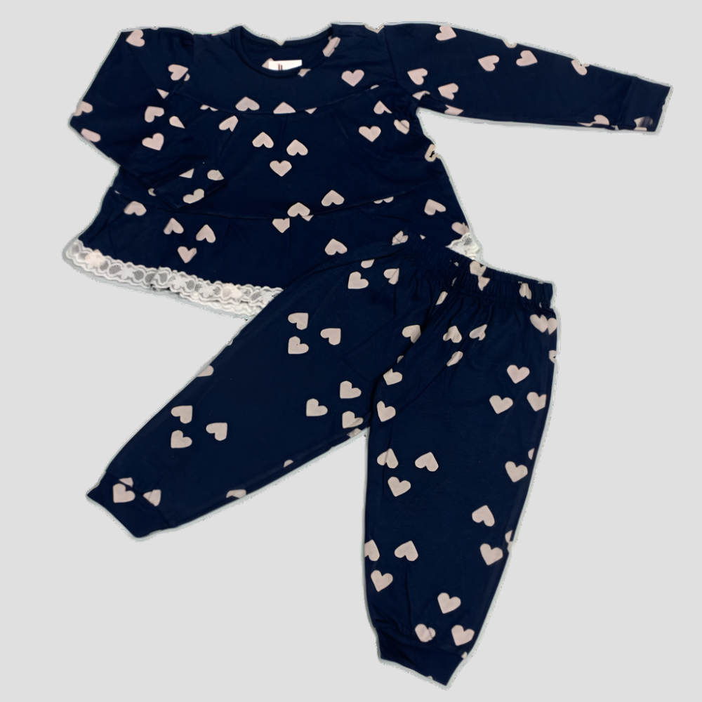 Heart Girls Full Sleeves Laced Pajama Set - Black