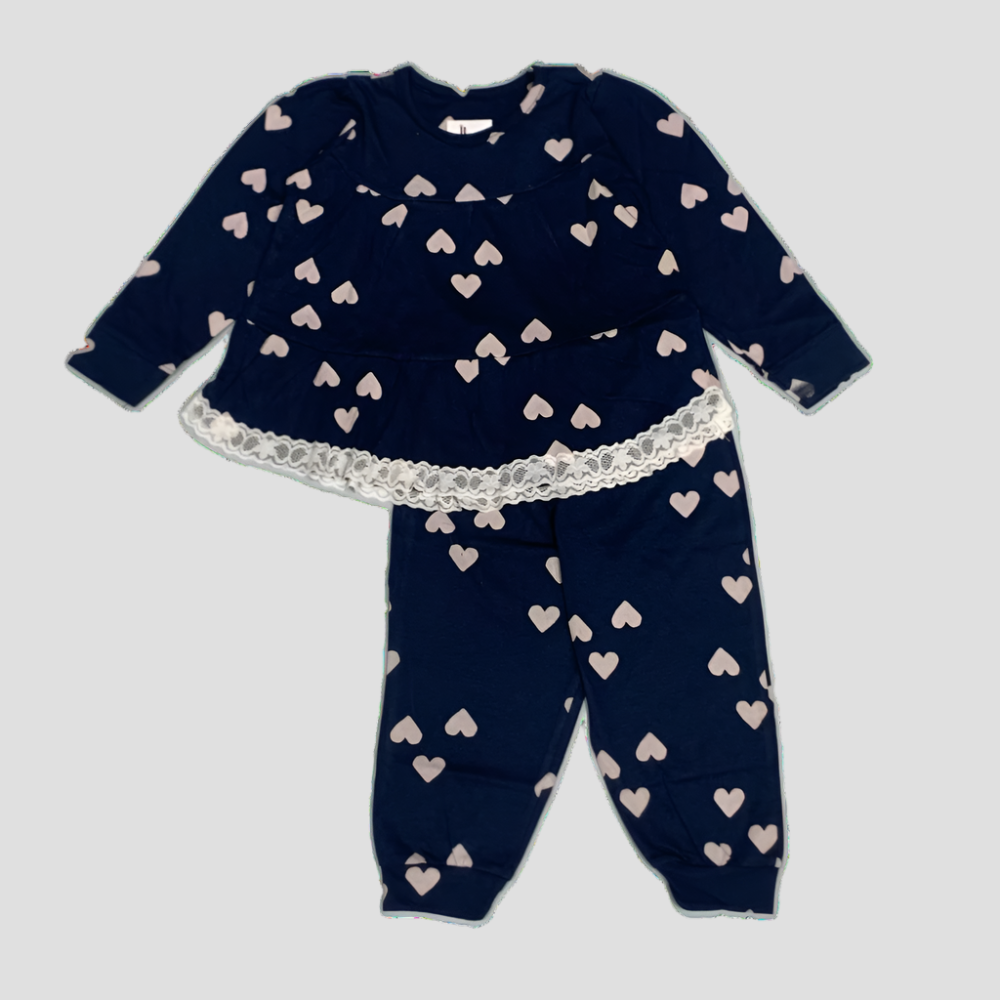 Heart Girls Full Sleeves Laced Pajama Set - Black