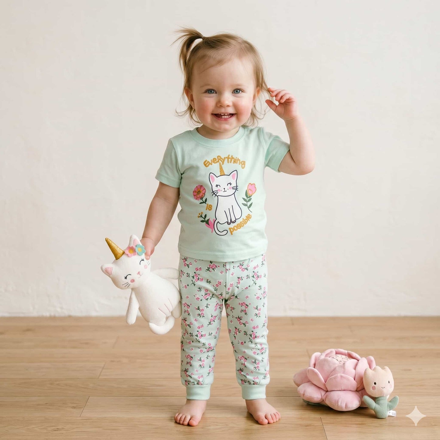 Magical Caticorn Half Sleeves Baby Girl Pajama set - Green