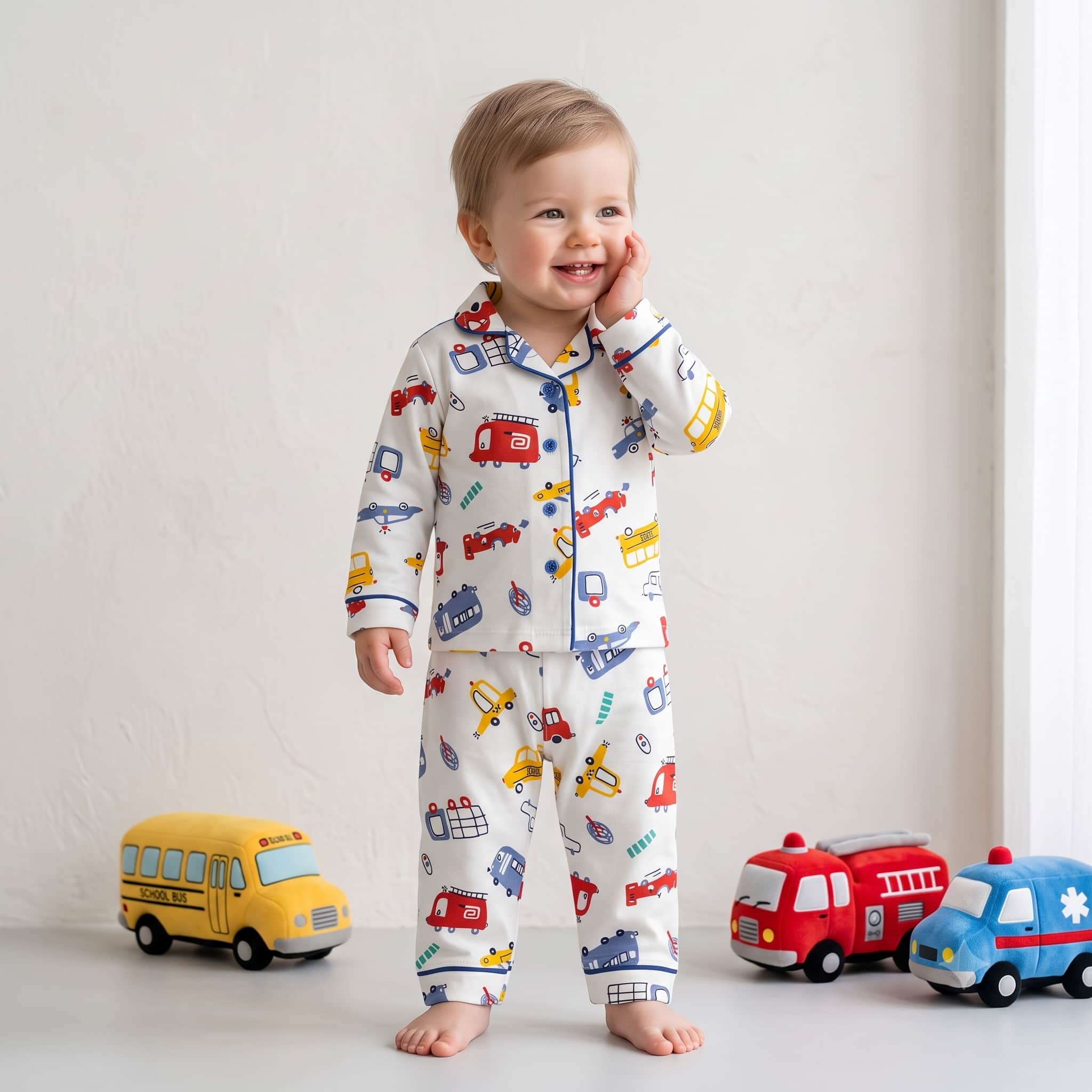 Vroom Town Baby Boys Full Sleeves Pajama Set - Off-White
