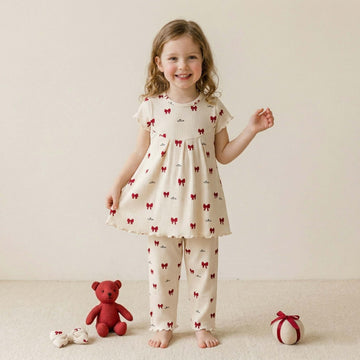 Red Mini Bows Girls Short Sleeves Pajama Set - Cream & Red