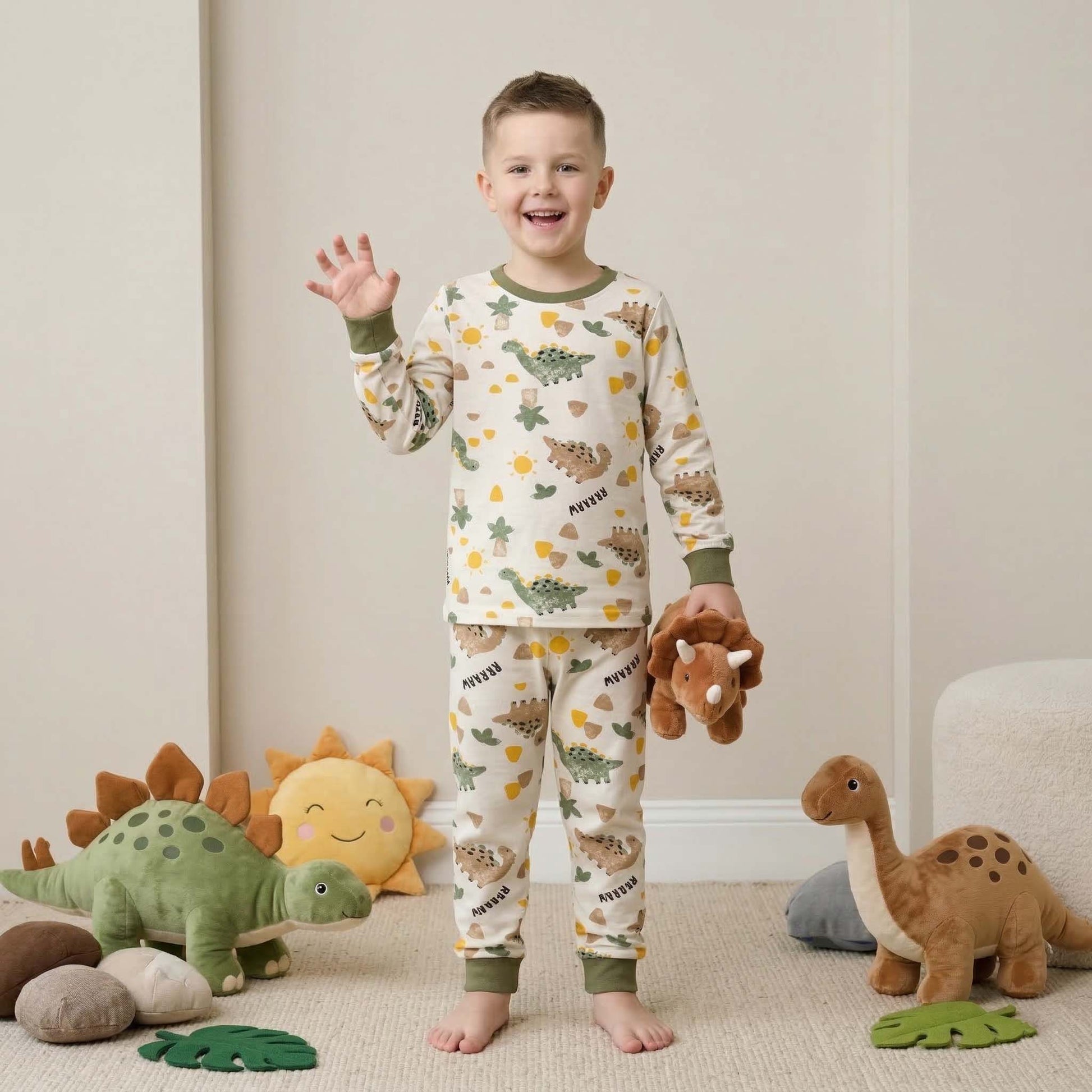 Dino Roarrr Boys Full Sleeves Pajama Set - Cream