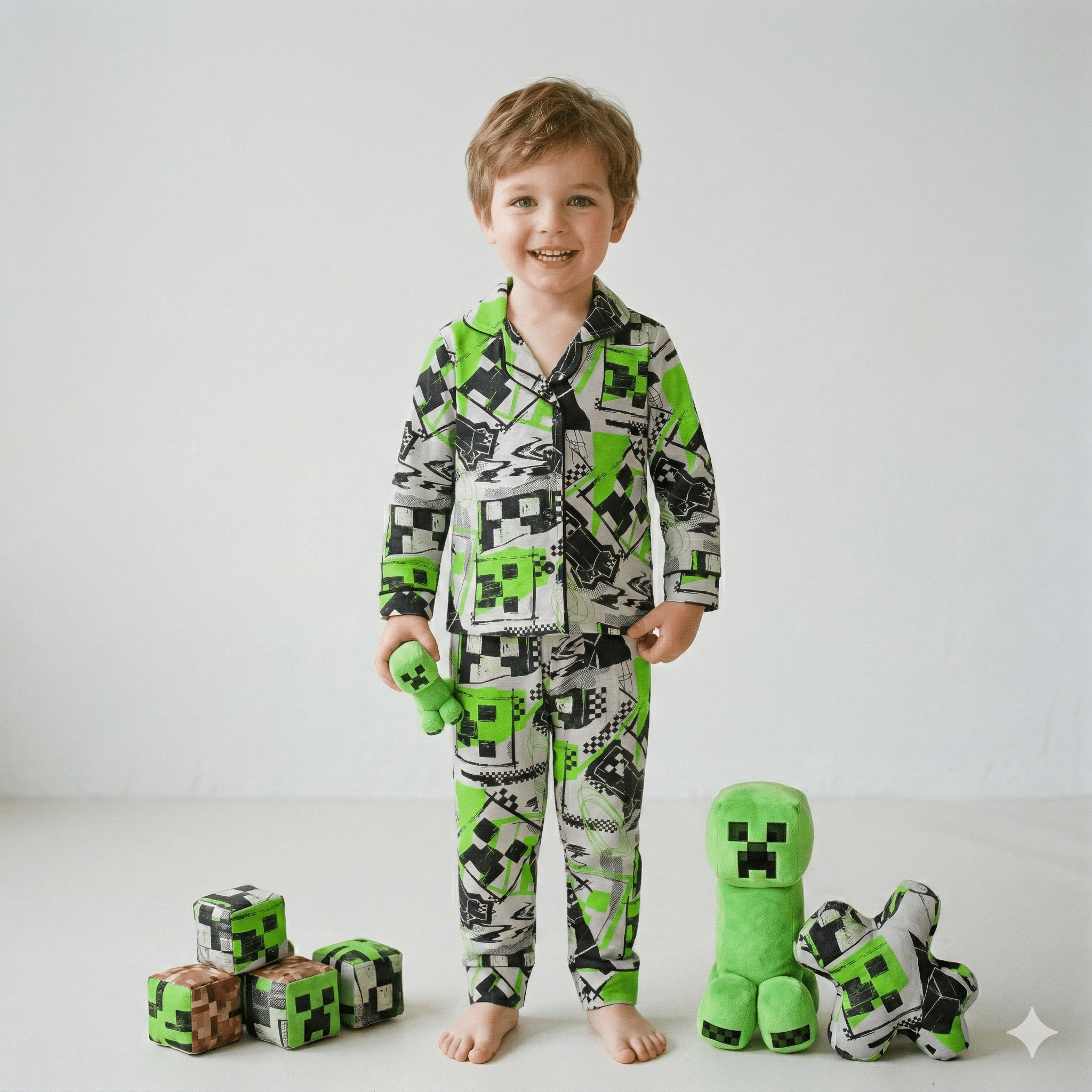 Minecraft Boys Button Up Pajama Set - Grey & Green