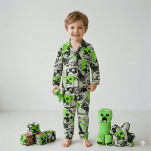 Minecraft Boys Button Up Pajama Set - Grey & Green