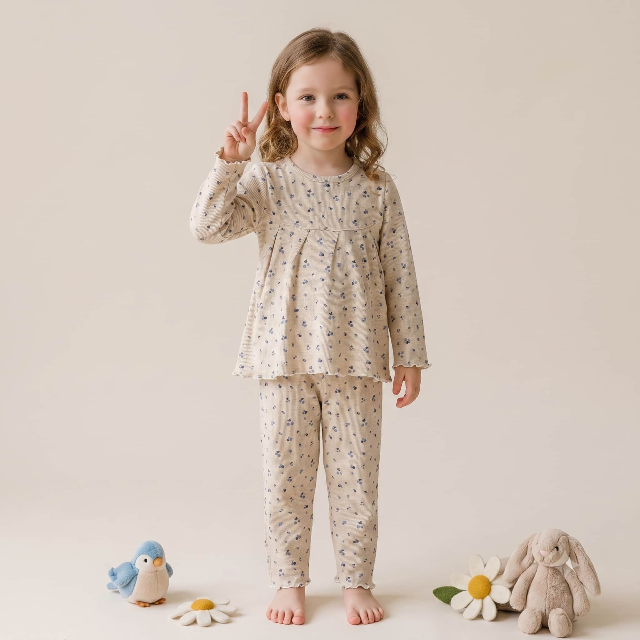 Blueberry Bloom Girls Full Sleeves Pajama Set - Beige