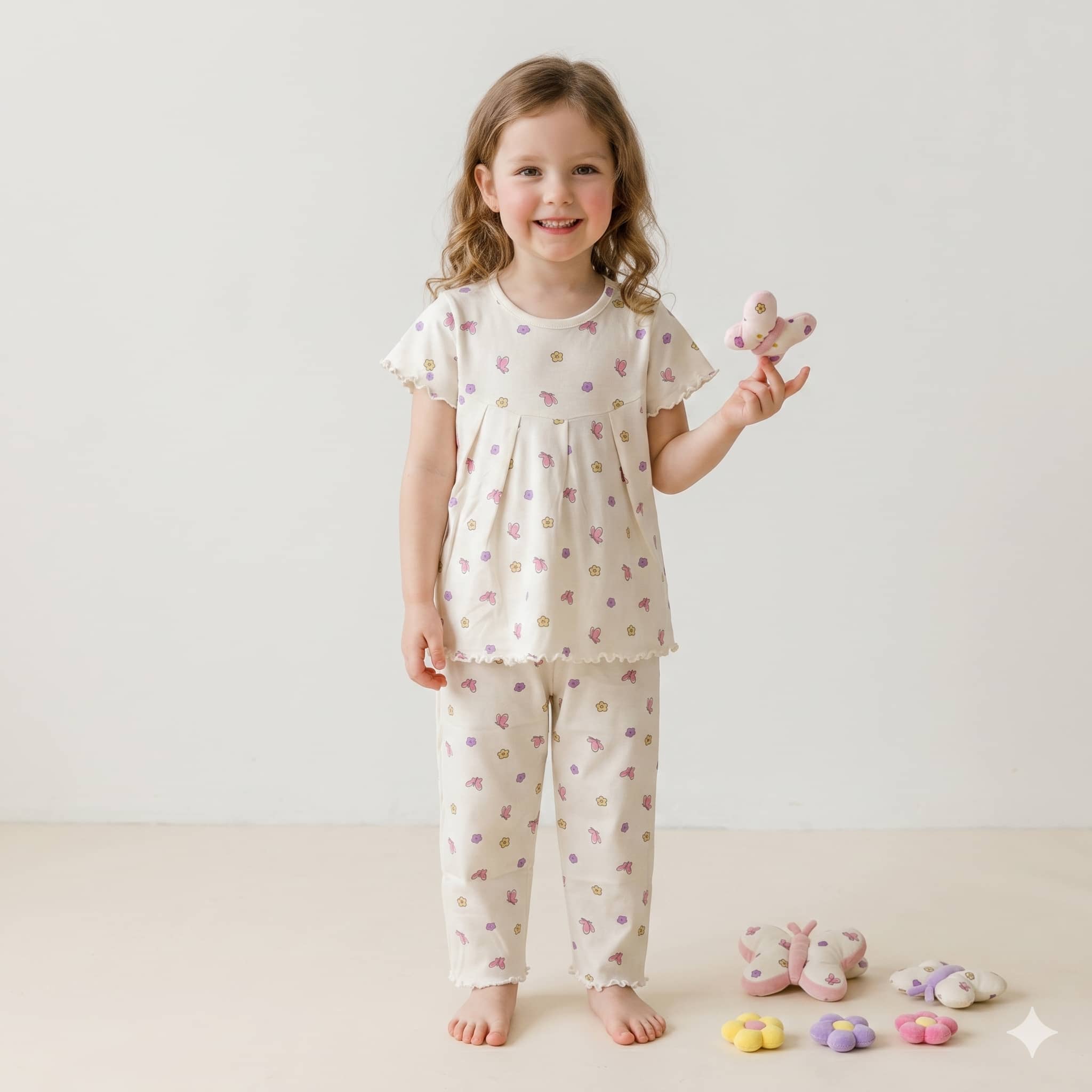 Butterfly Bloom Girls Half Sleeves Pajama Set - Cream
