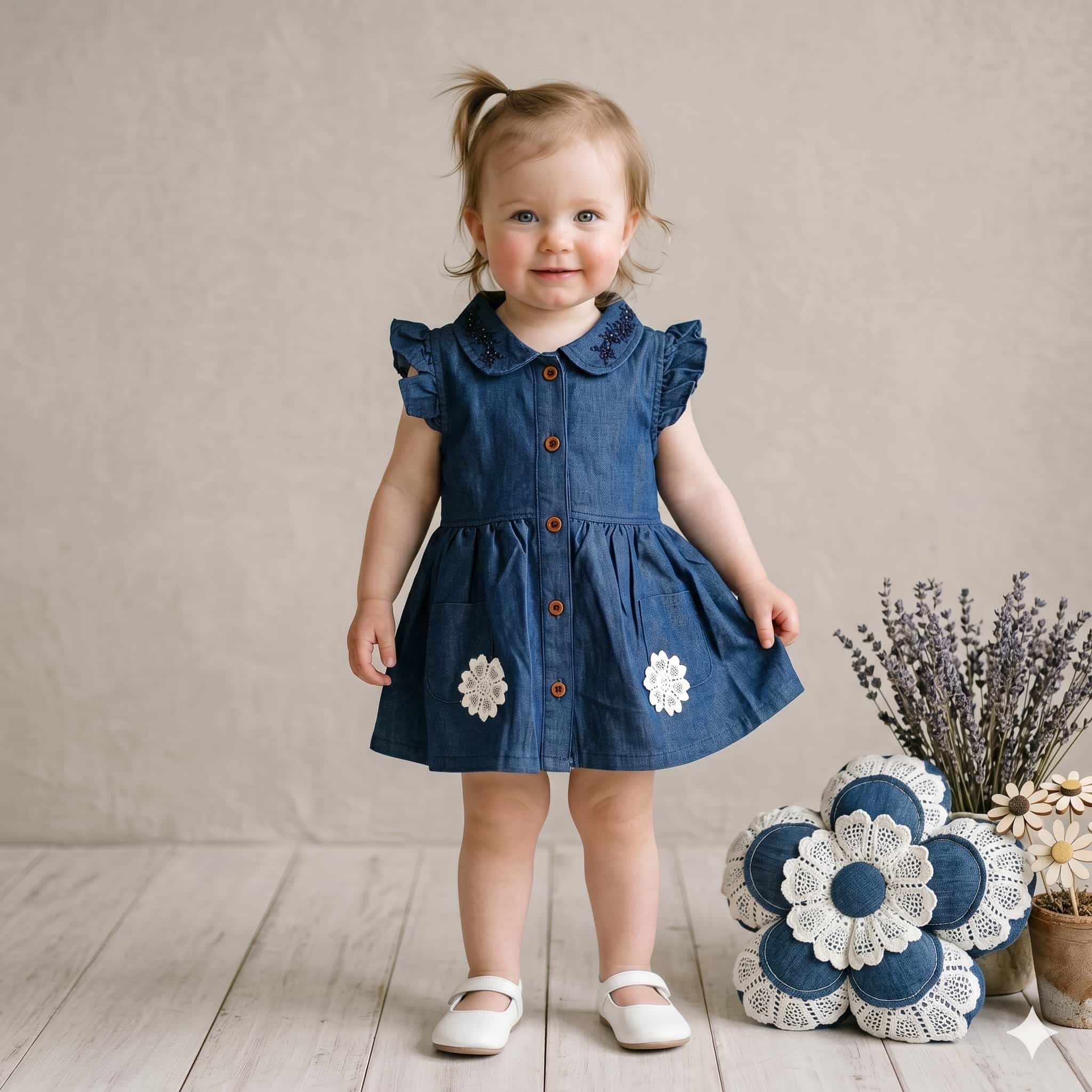 Indigo Blossom Baby Girl Frock Set - Blue
