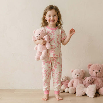 Ribbon Bows Girls Pajama Set - Cream & Pink