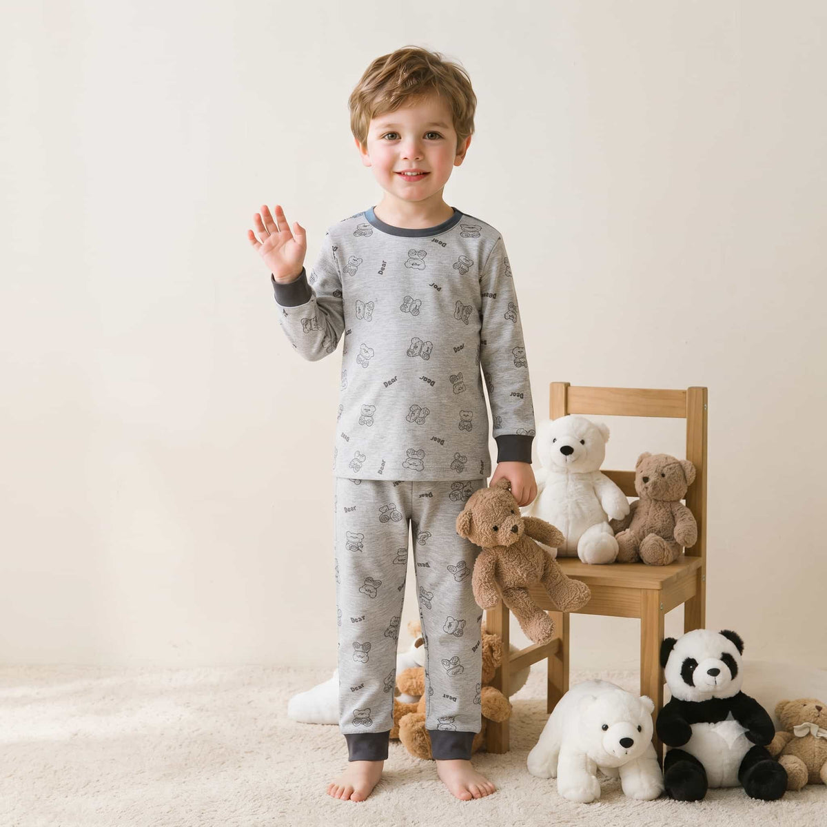 Dear Bear Boys Full Sleeves Pajama Set - Grey