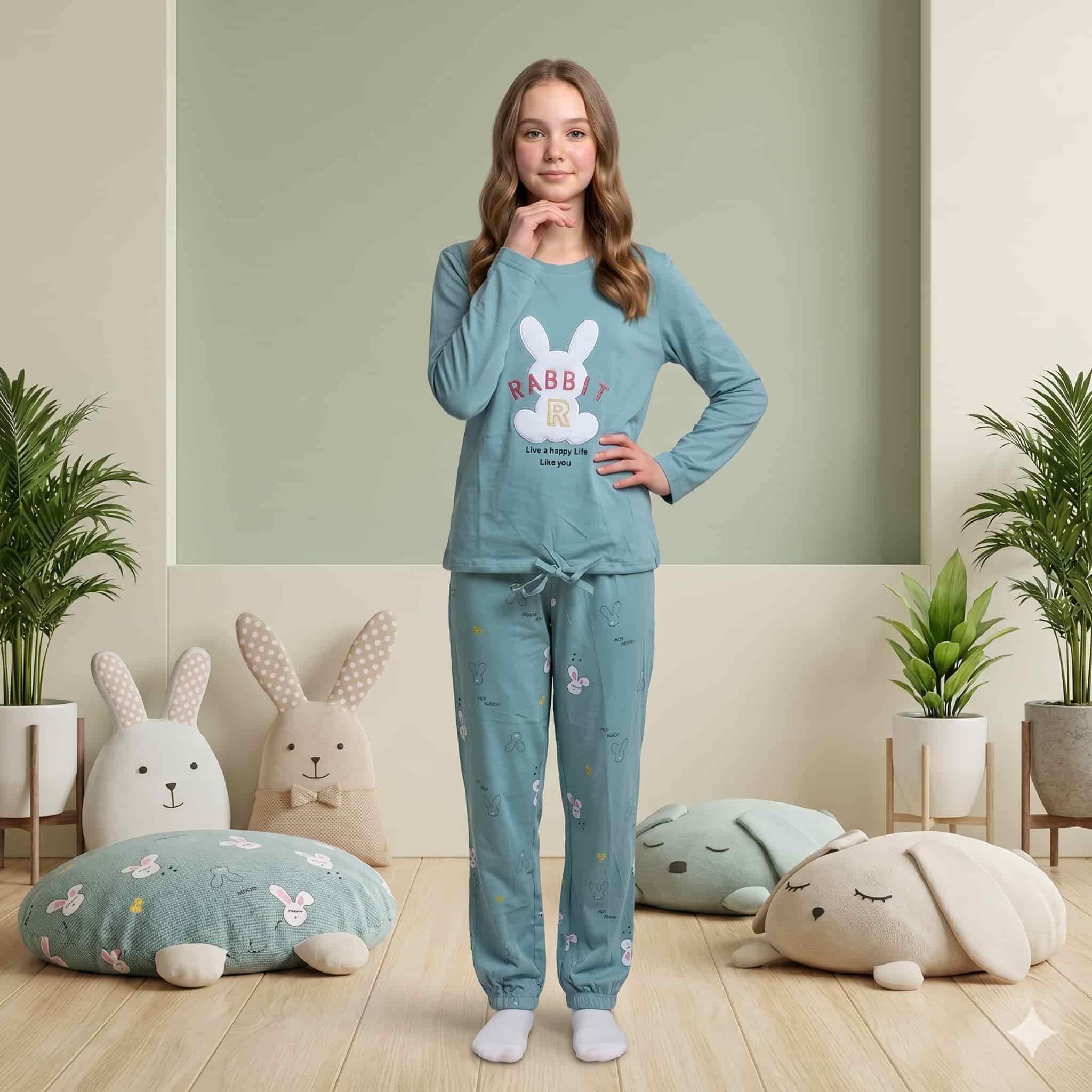 Dreamy Bunny Girls full sleeves pajama set - dusty blue