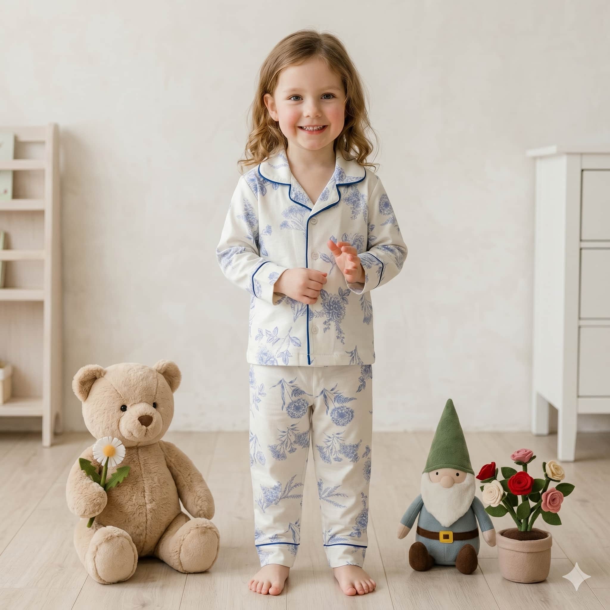 Azure Bloom Girls Full Sleeves Pajama Set - Blue