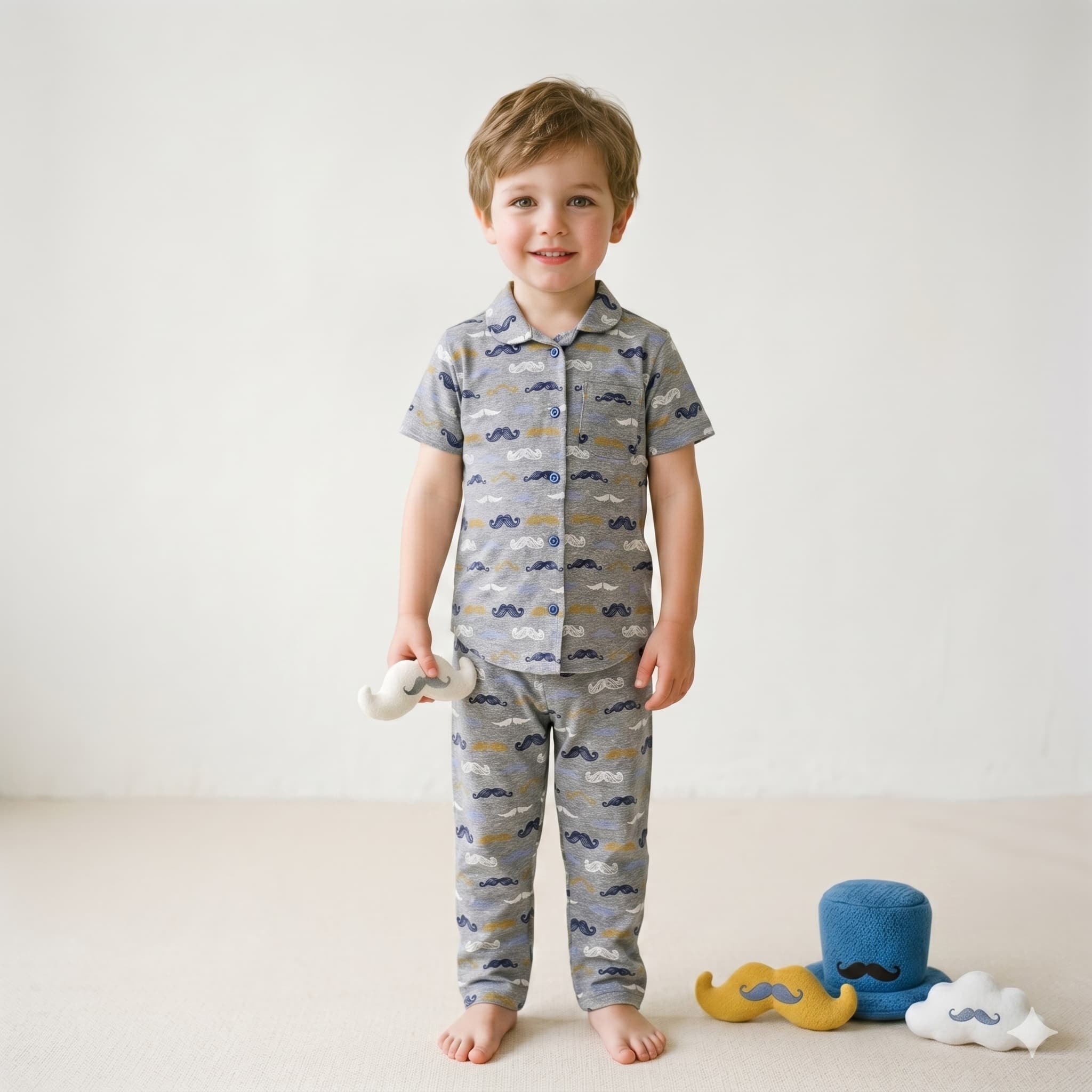 Mustache Print Half sleeves Boys Button Pajama Set - Grey