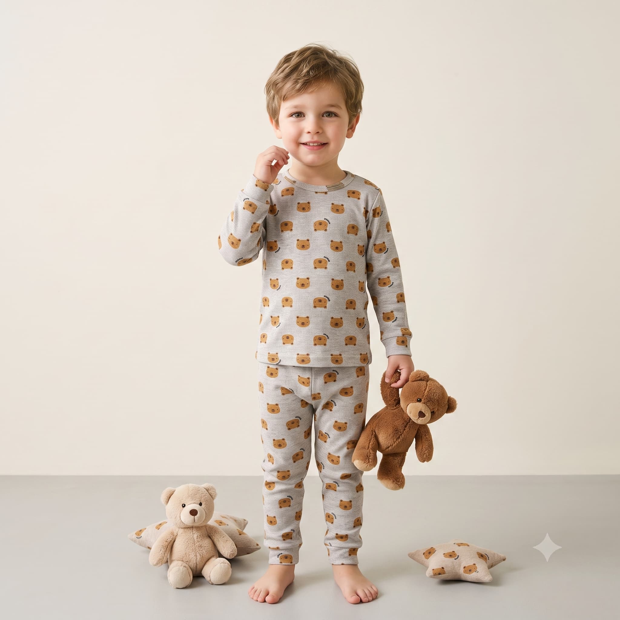 Bear Embrace Boys Full Sleeves Pajama Set in - Grey