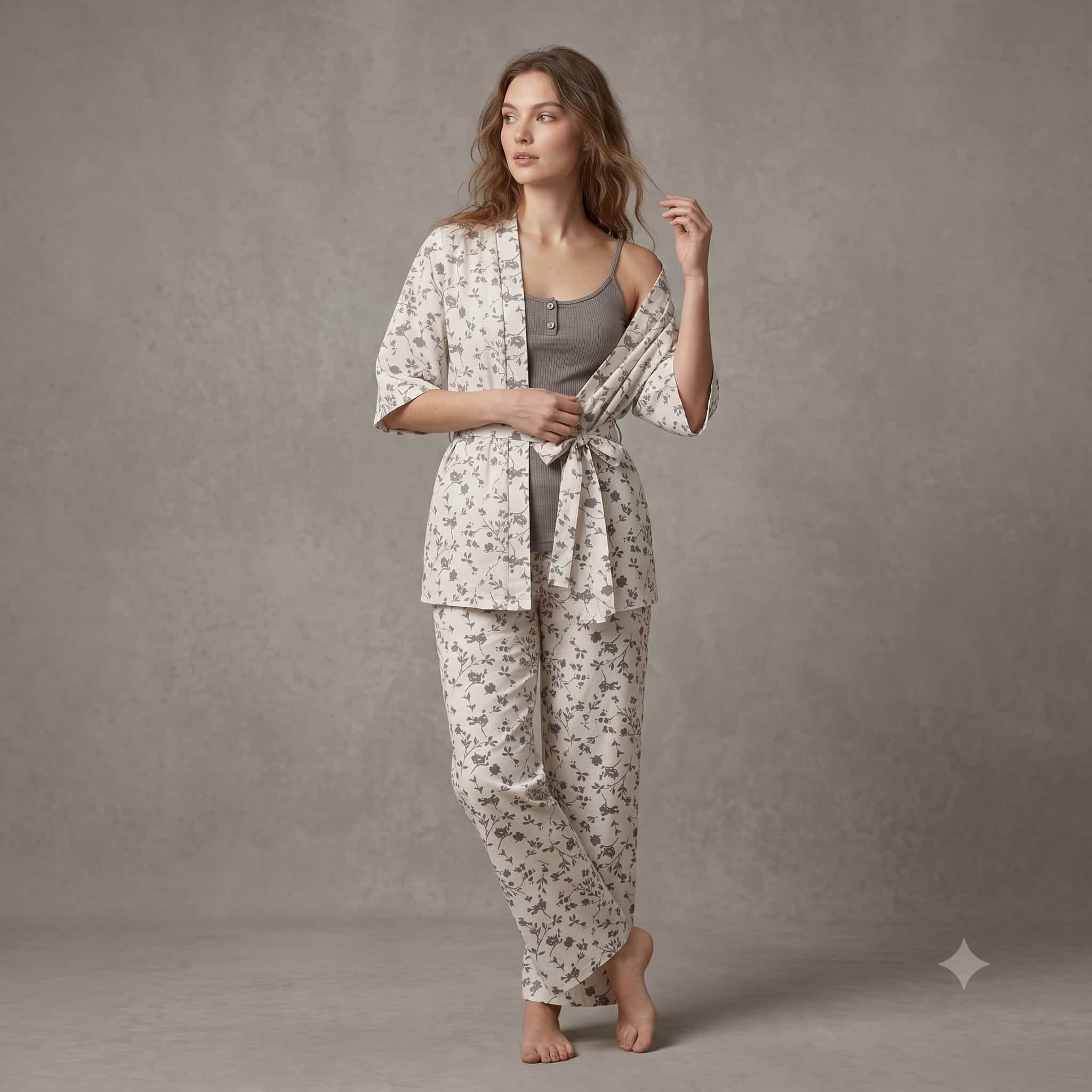 Botanical Breeze Women 3 Pcs Pajama Set - Grey