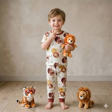 Jungle Joy Boys Half Sleeves Pajama Set - Cream