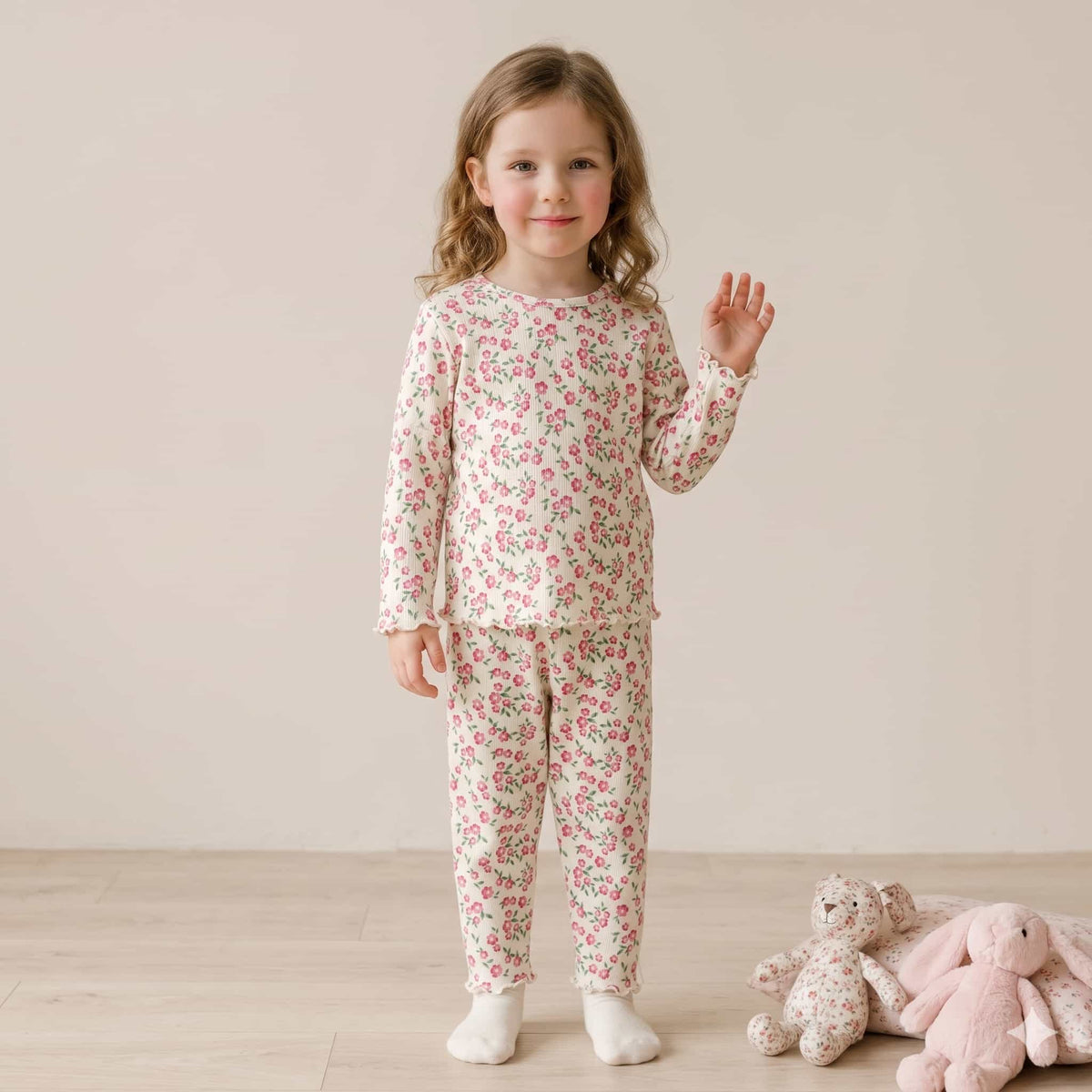 Petal Bliss Girls Full Sleeves Pajama Set – Ivory Cream