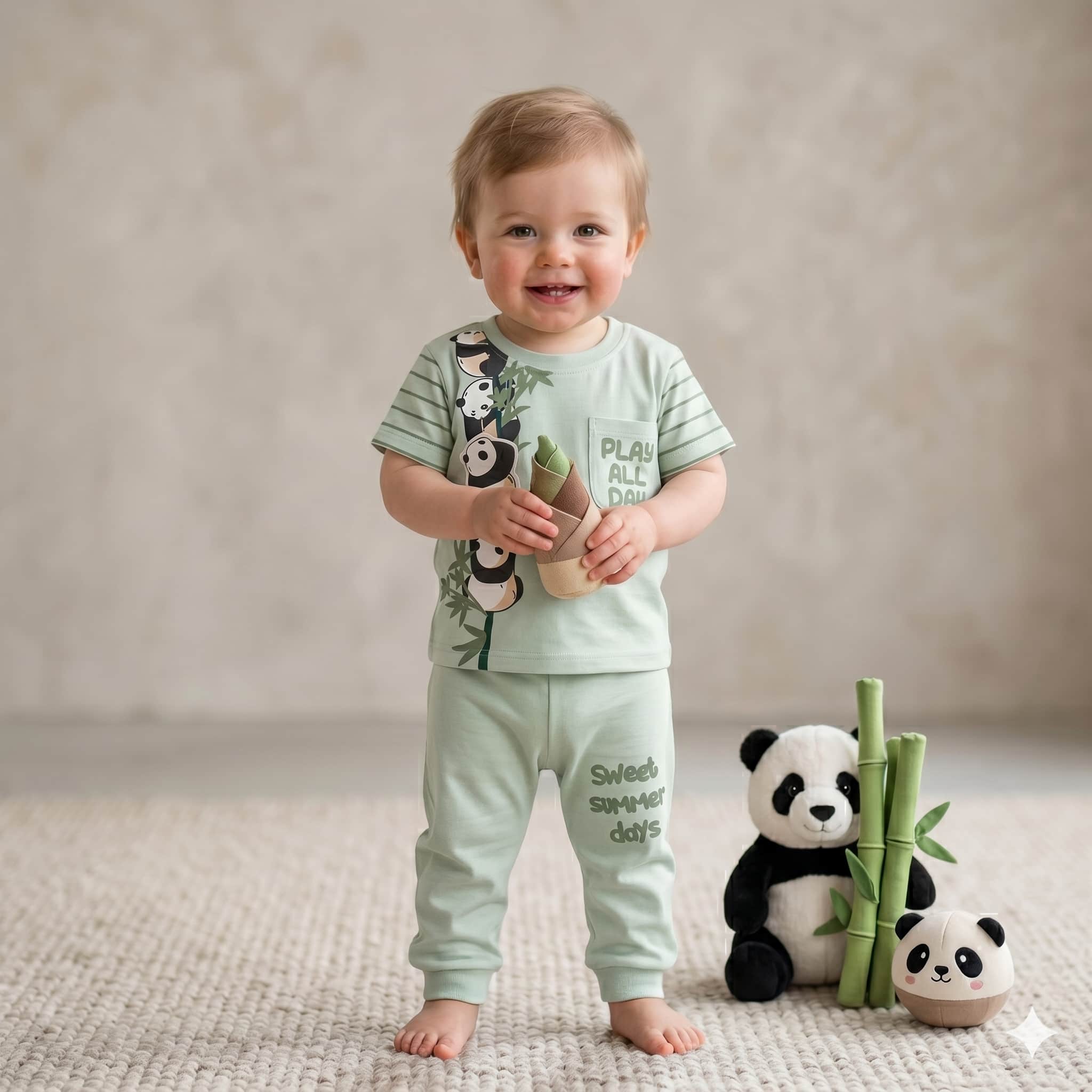Panda Stack Playtime Half Sleeves Baby boy Pajama Set - Green