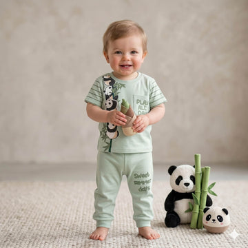 Panda Stack Playtime Half Sleeves Baby boy Pajama Set - Green