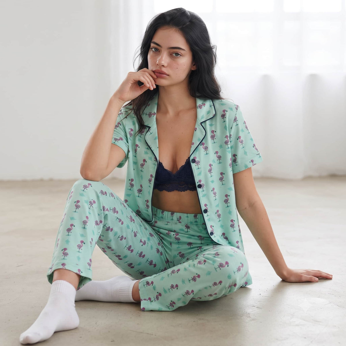 Flamingo Women Half Sleeves Pajama Set – Mint Green