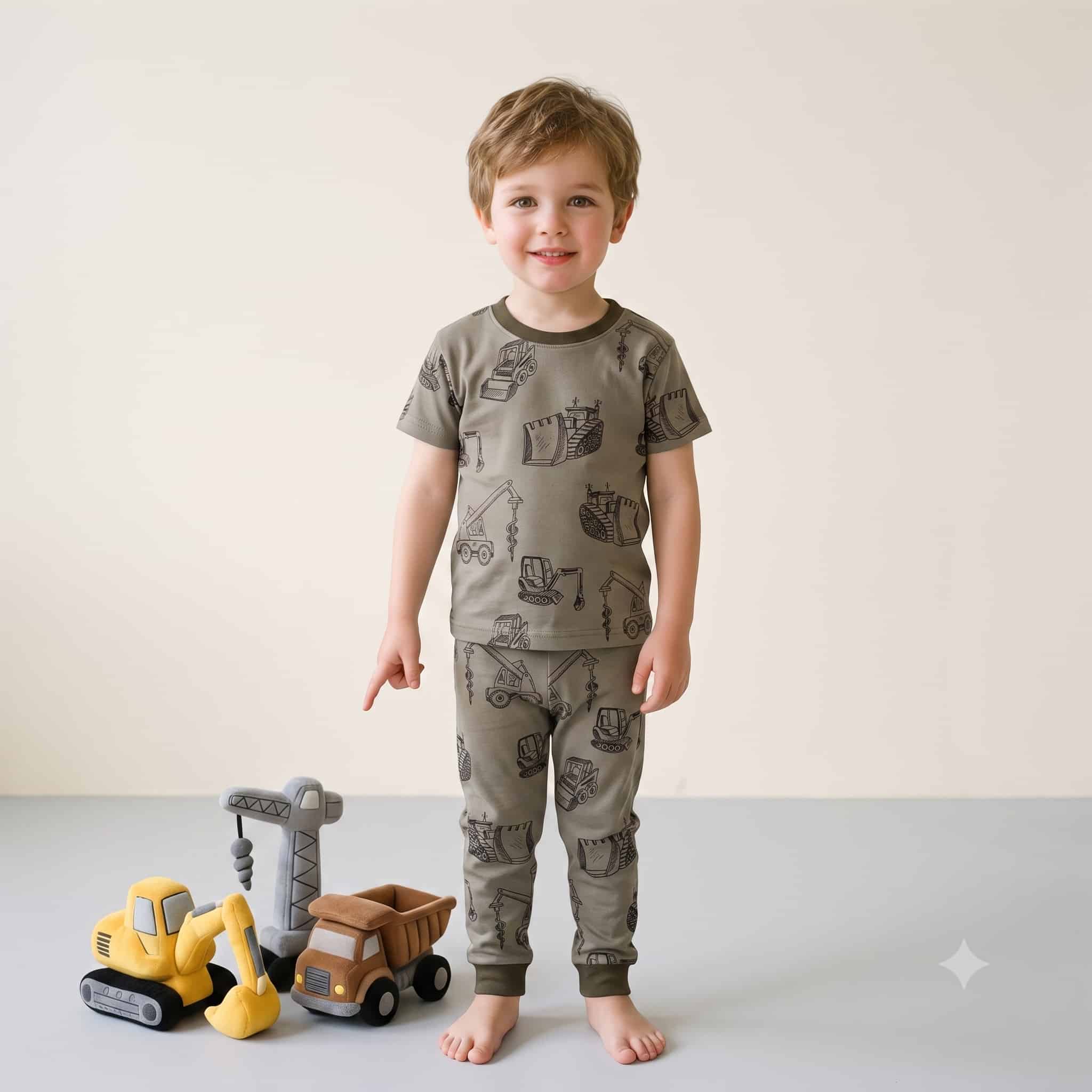 Construction Builder Boys Half Sleeves Pajama Set - Olive Green