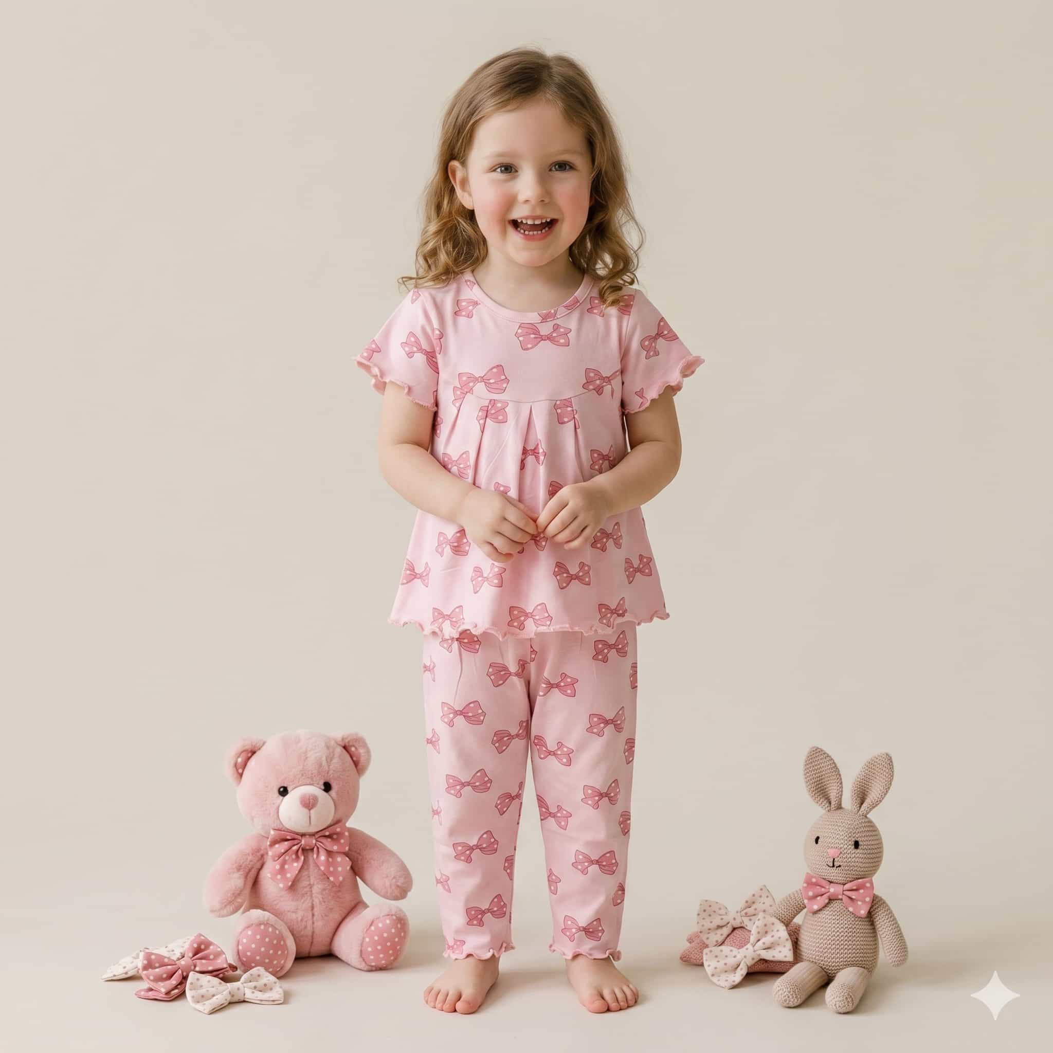 Blush Bows Girls Half Sleeves Pajama Set – Pink