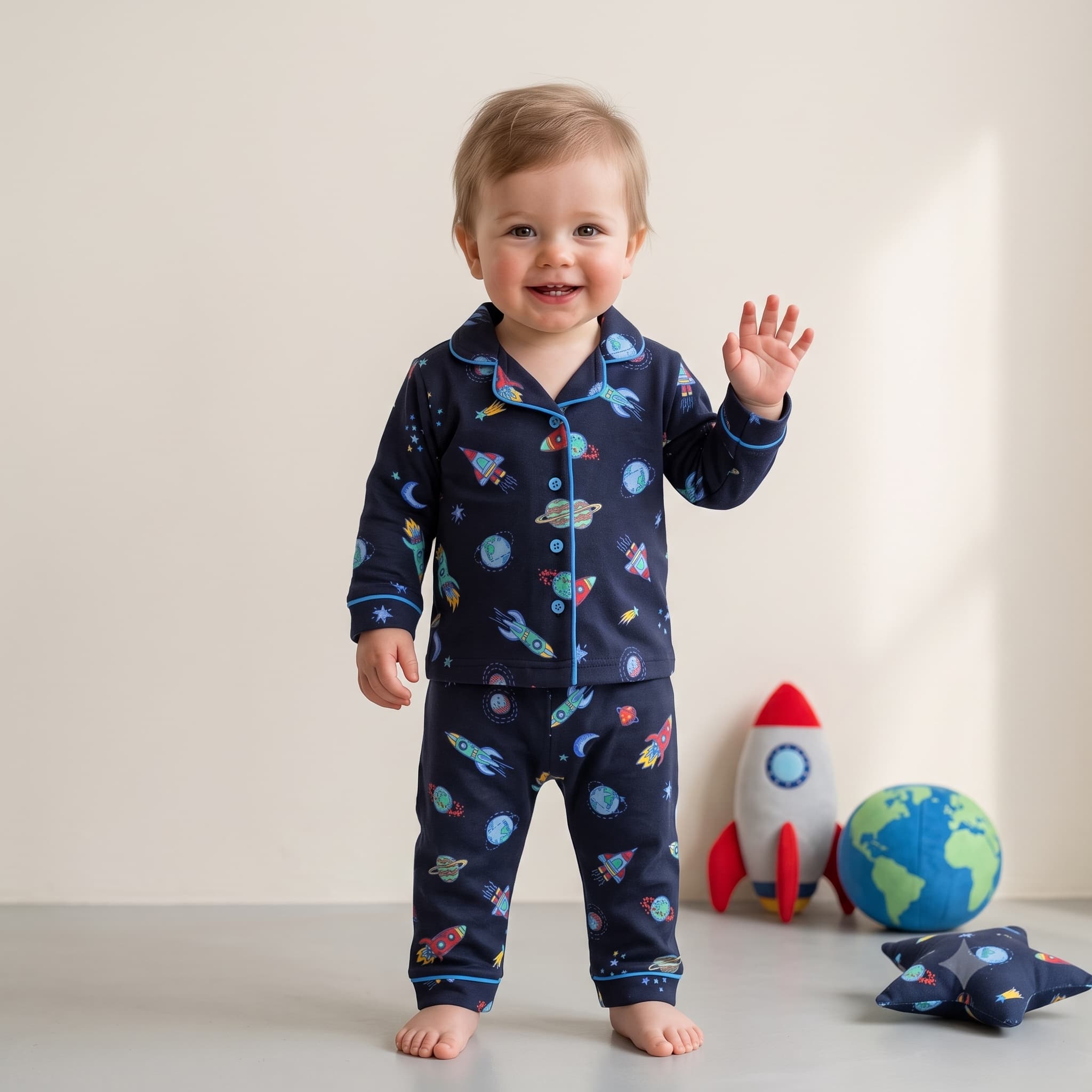 Space Baby Boys Full Sleeves Pajama Set – Navy Blue