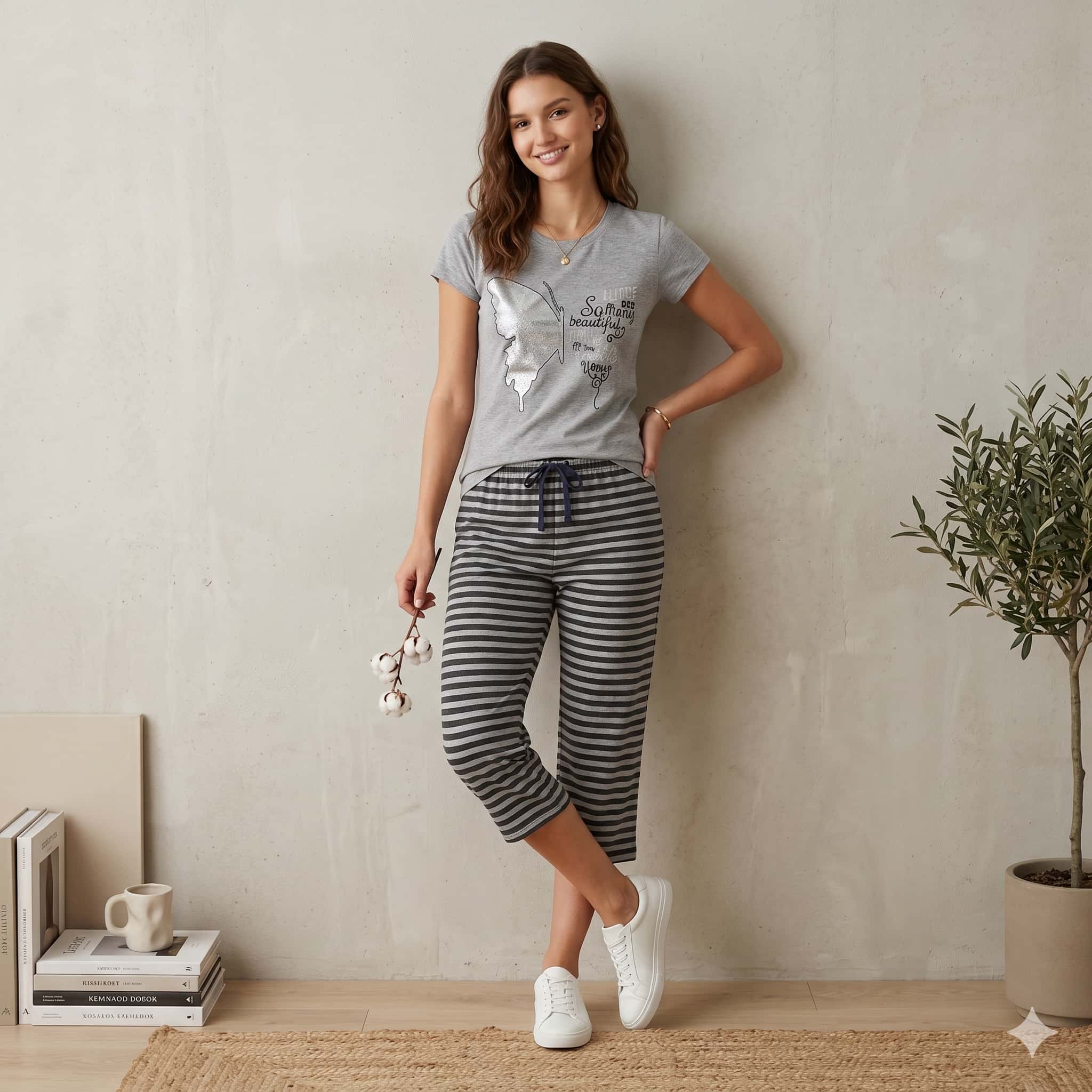 Serene Flutter Women Half Sleeves Pajama Set - Grey