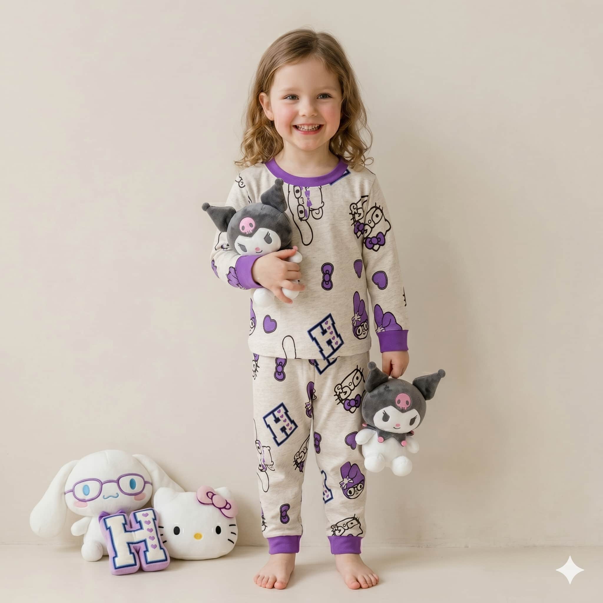 Kuromi Girls Full Sleeves Pajama Set – Grey