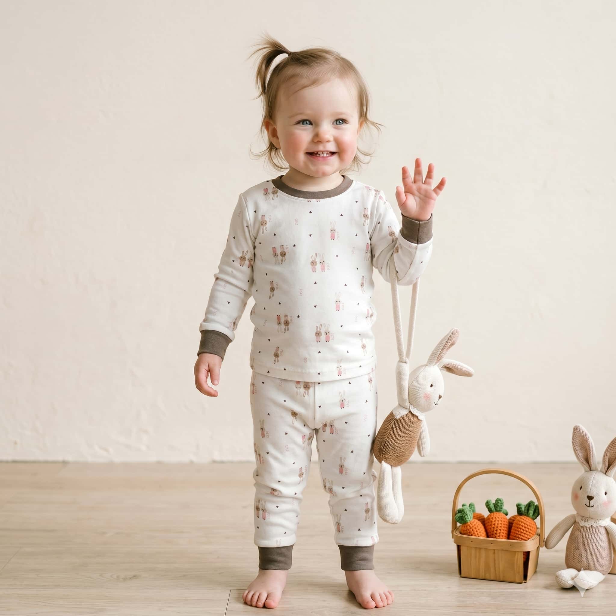 Bunny Meadow Baby Girls Full Sleeves Pajama Set - Cream