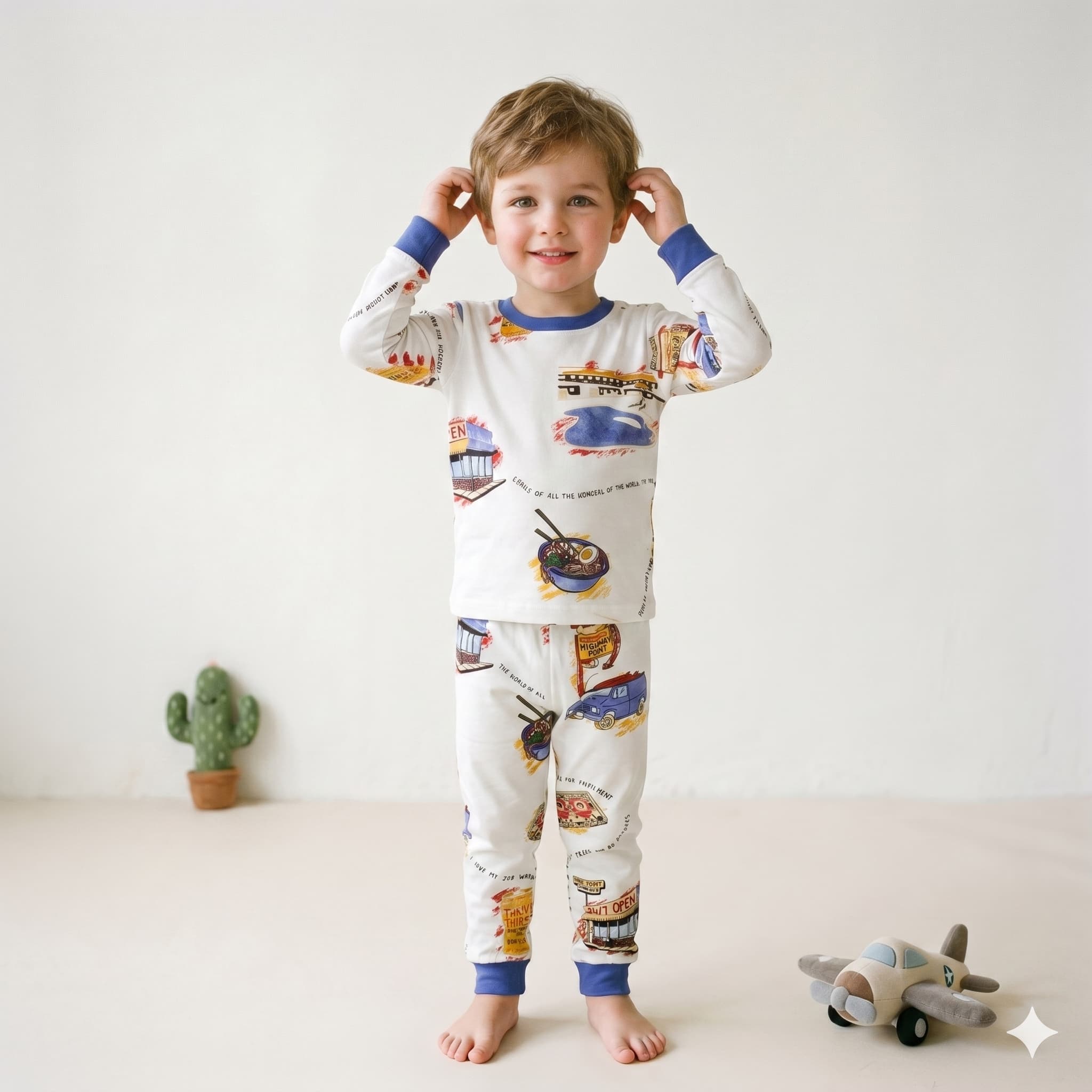 Retro Journey Boys Half Sleeves Pajama Set - Off-White