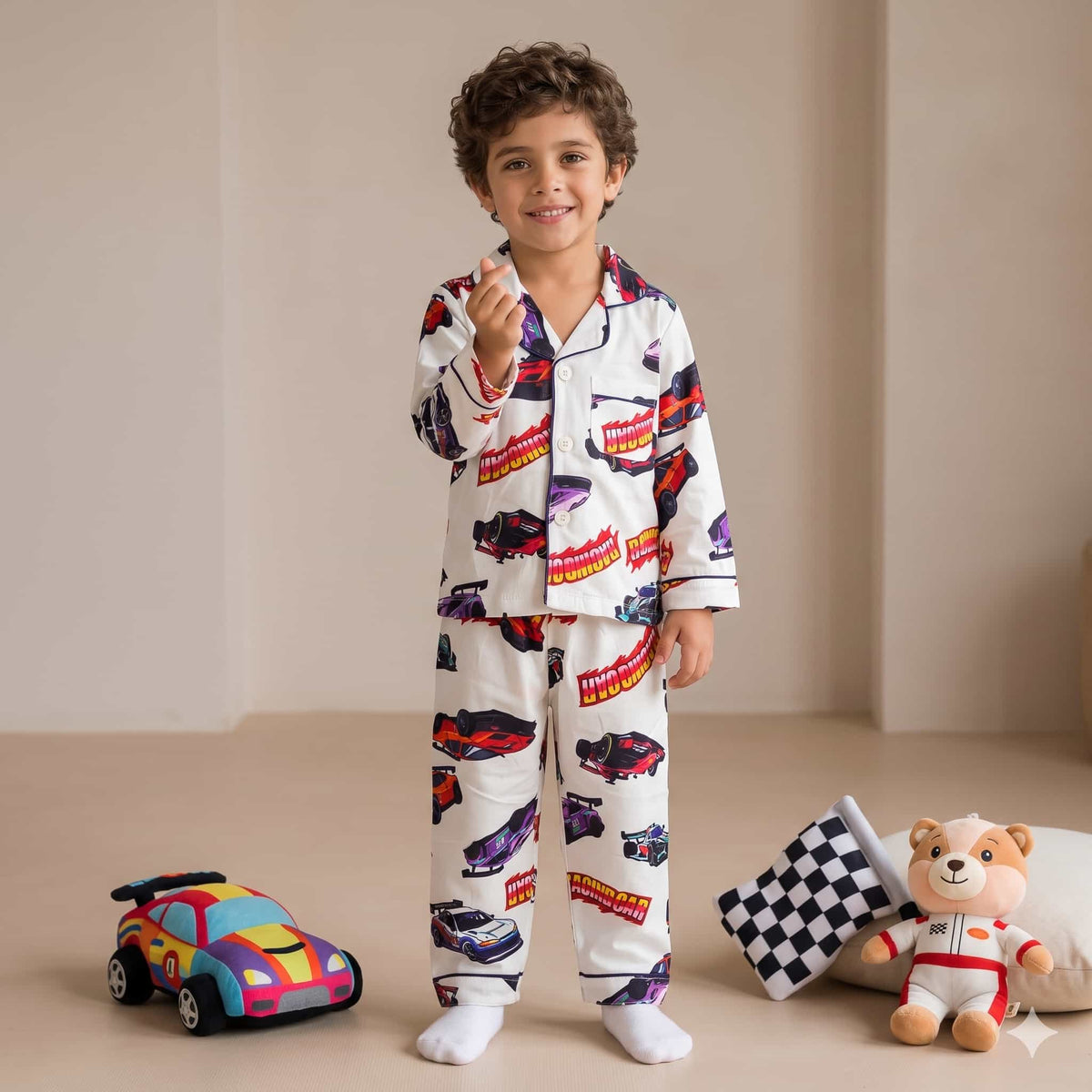 Hot Wheels Boys Full Sleeves Pajama Set - White