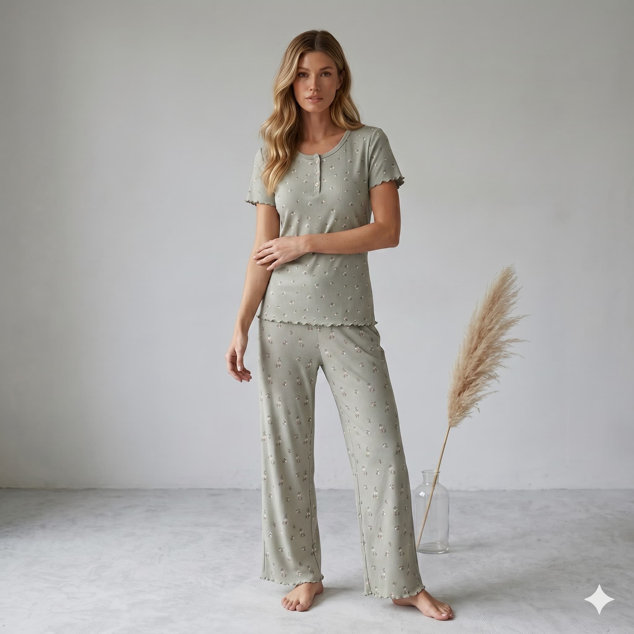 Sage Blossom Women Half Sleeves Pajama Set – Sage Green