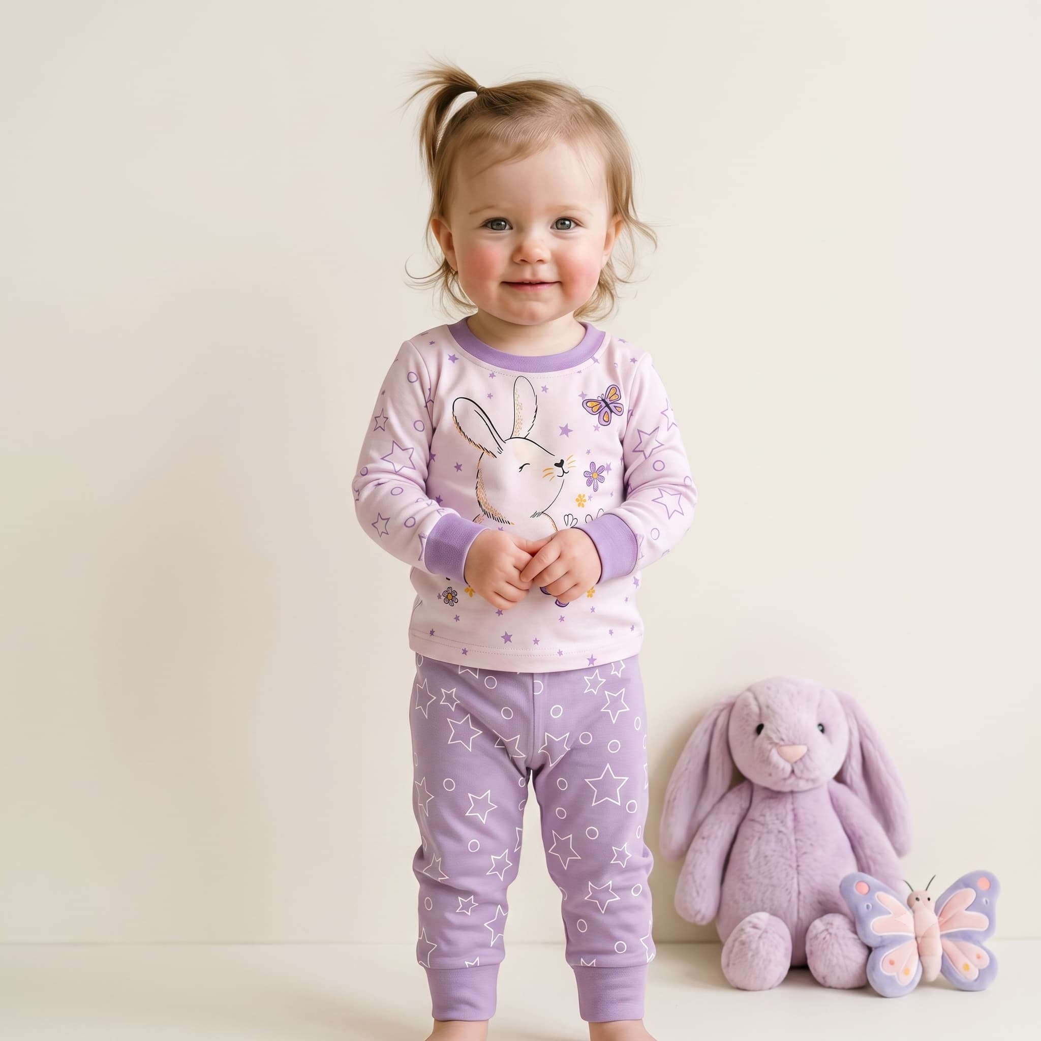 Dreamy Bunny Baby Girls Full Sleeves Pajama Set - Lavender