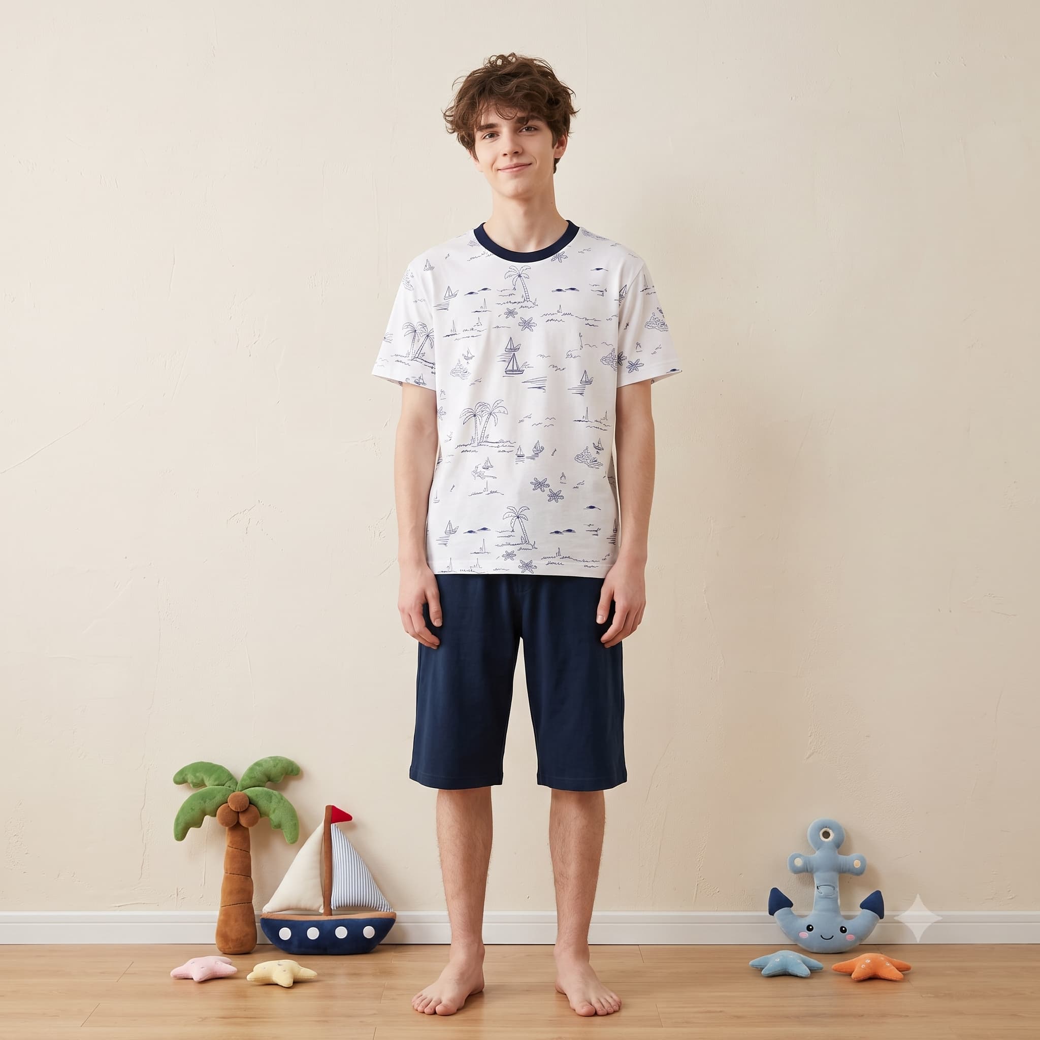 Boat Sketch Boys Short Set - Navy Blue