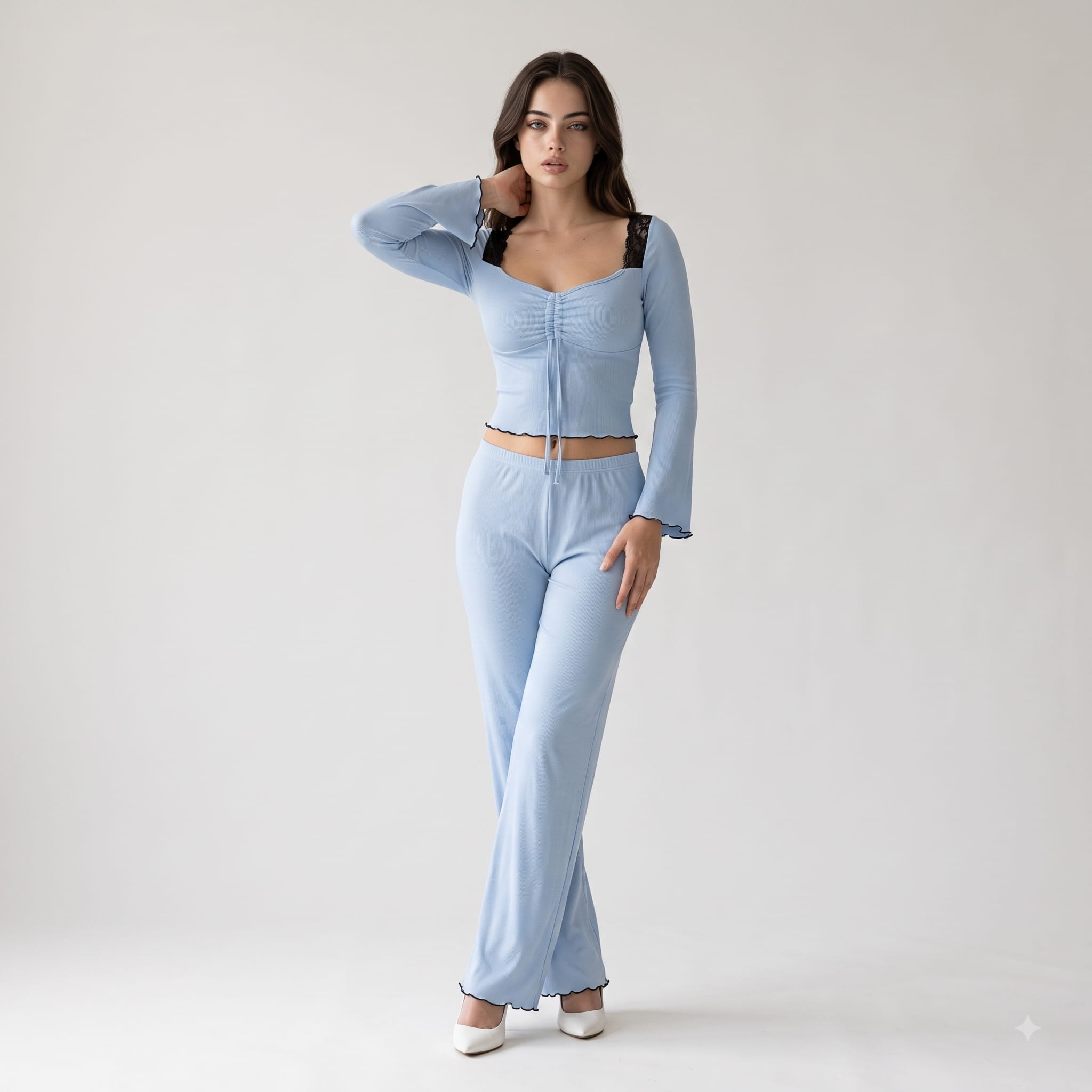 Square Neck Pointelle Knit Women Pajama Set - Light Blue