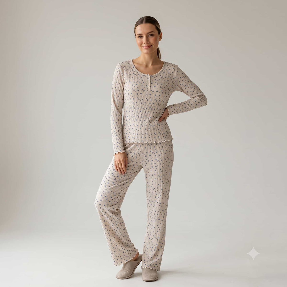 Floral Bloom Women Full Sleeves Pajama Set - Beige