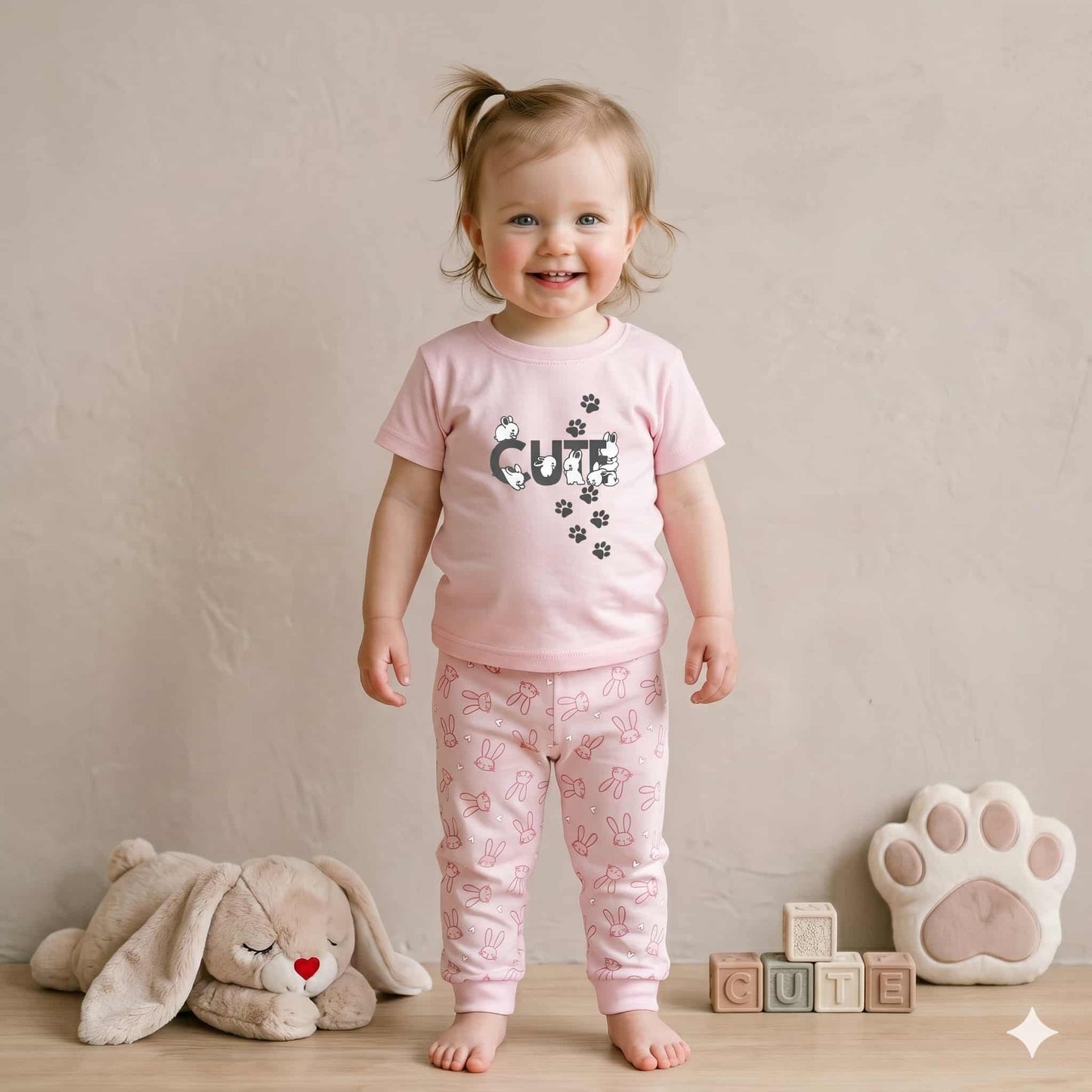 Bunny Charm Baby Girls Half Sleeves set - Pink