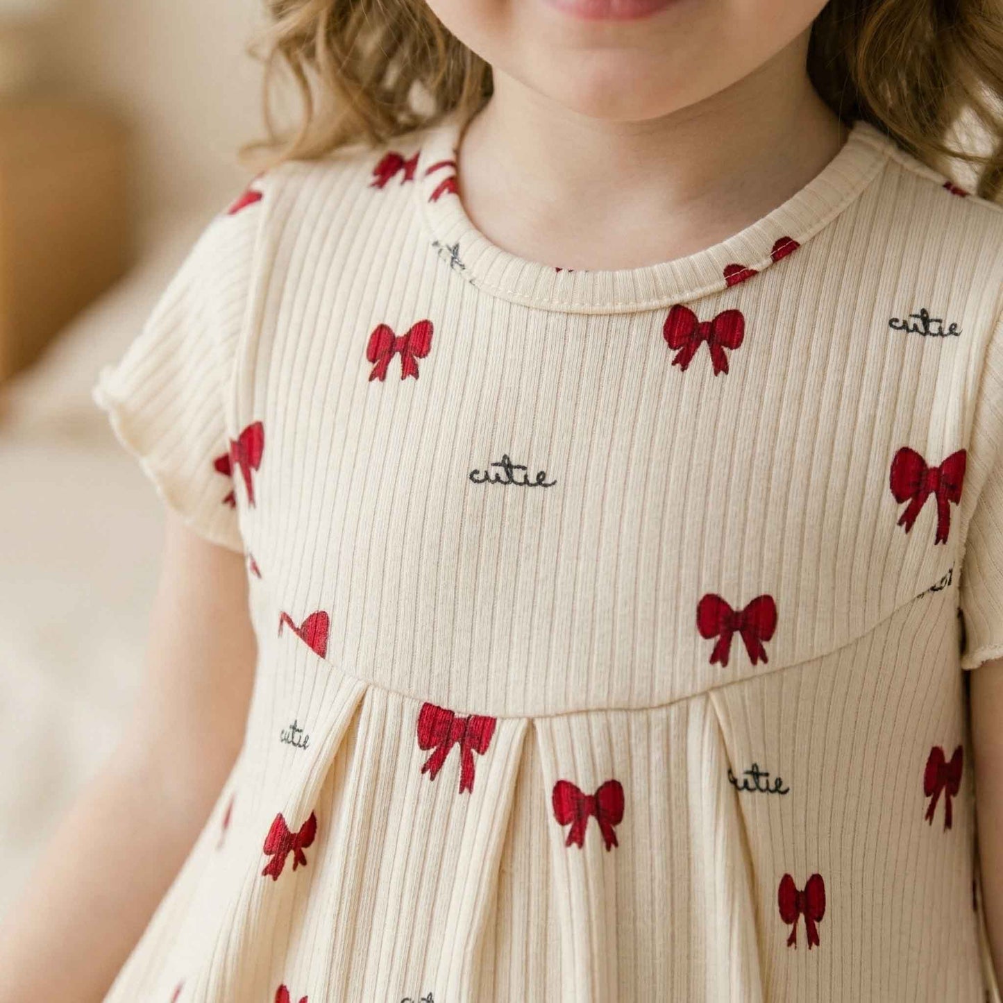 Red Mini Bows Girls Short Sleeves Pajama Set - Cream & Red