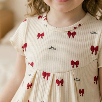 Red Mini Bows Girls Short Sleeves Pajama Set - Cream & Red