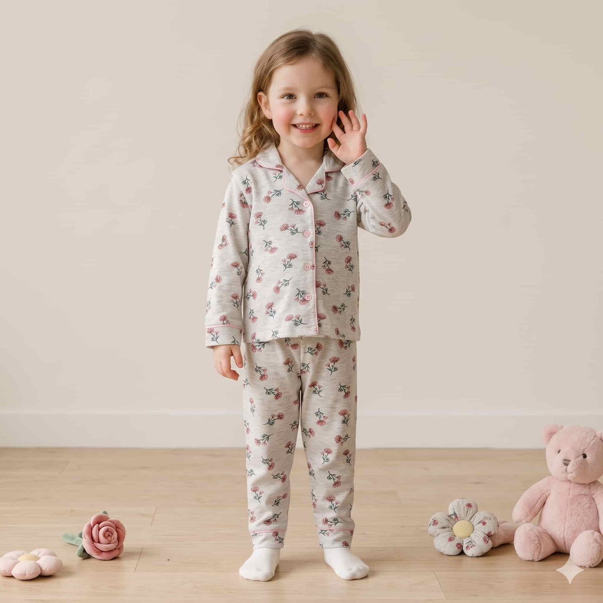 Rosy Bloom Girls Full Sleeves Pajama Set - Grey & Pink