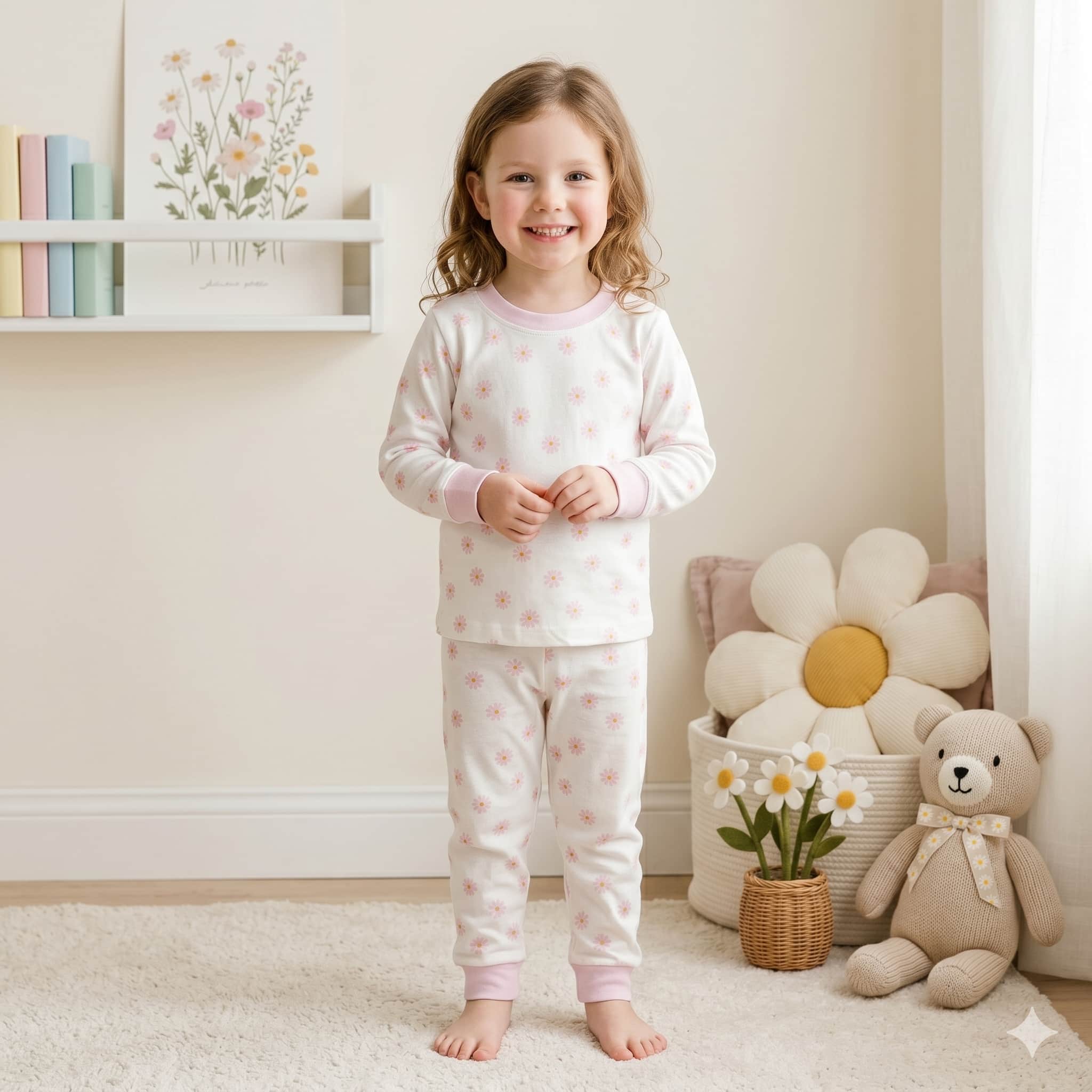 Daisy Dreams Girls Full Sleeves Pajama Set - Cream