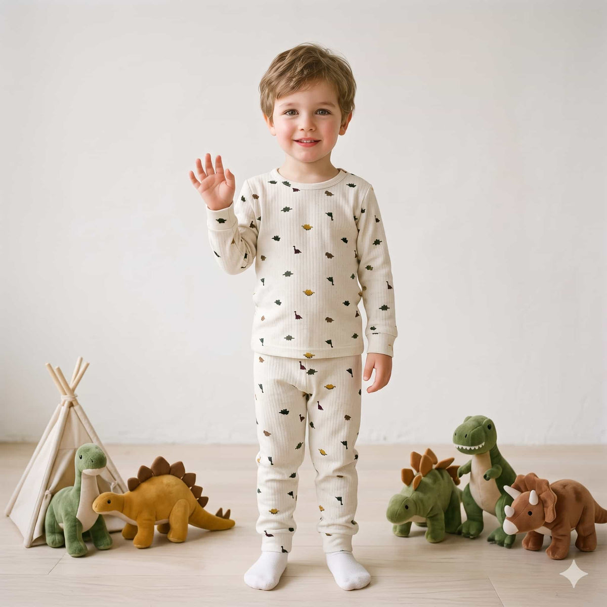 Dino Doodles Boys Full Sleeves Pajama Set – Ivory Cream