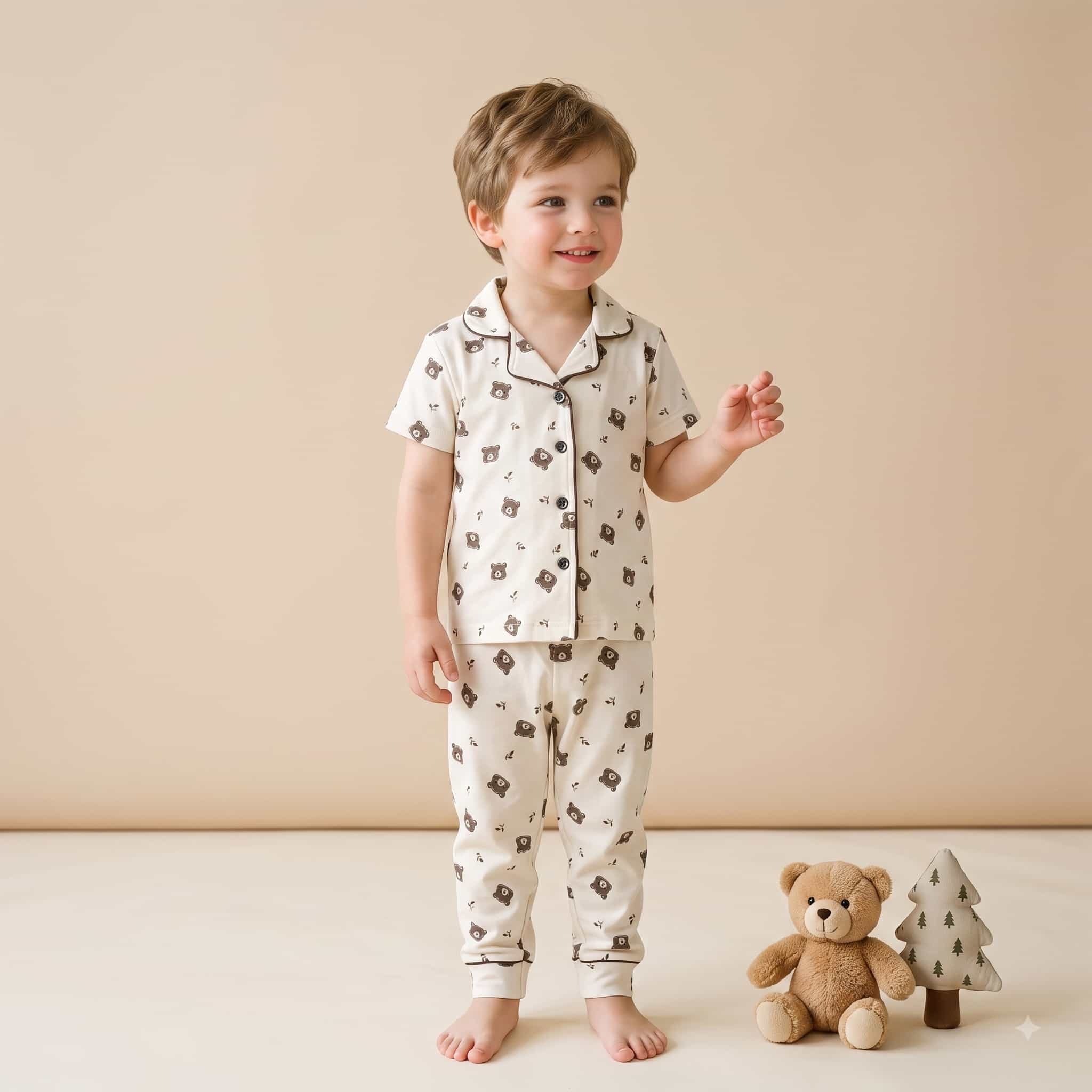 Bear Boys Half Sleeves Pajama Set - Cream