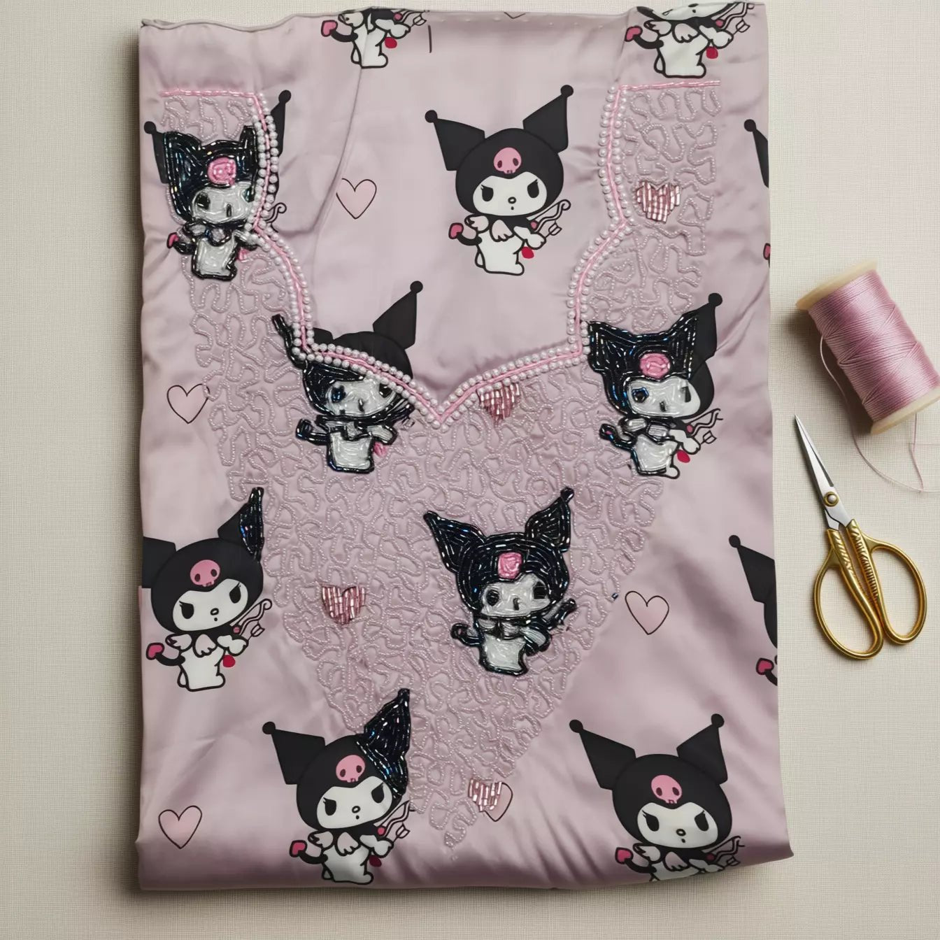 Kuromi Heart Girls Embroidered Mukhawir - Pink