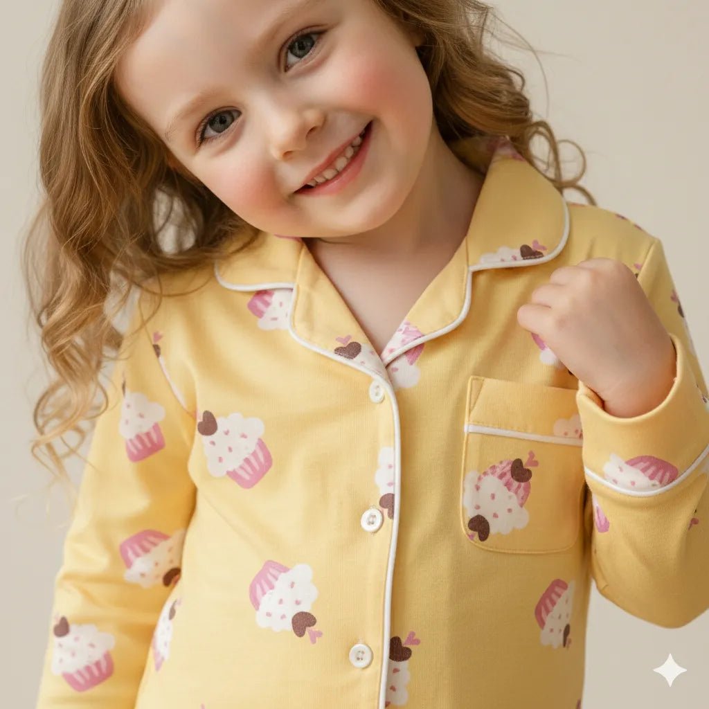Cup Cake Girls Button Pajama Set- Yellow