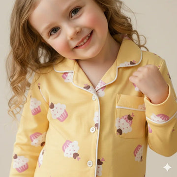 Cup Cake Girls Button Pajama Set- Yellow