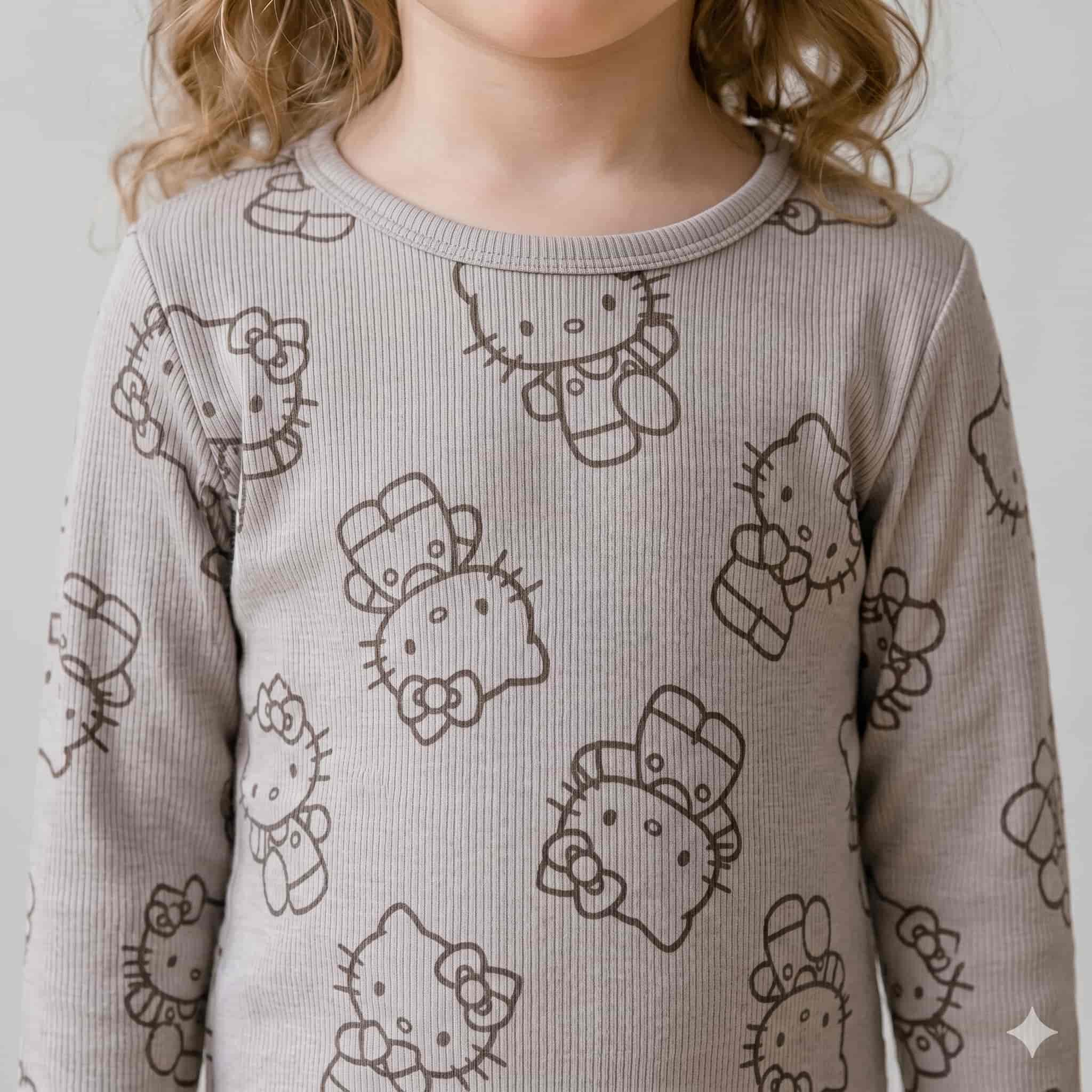 Classic Kitty Girls Full Sleeves Pajama Set - Grey