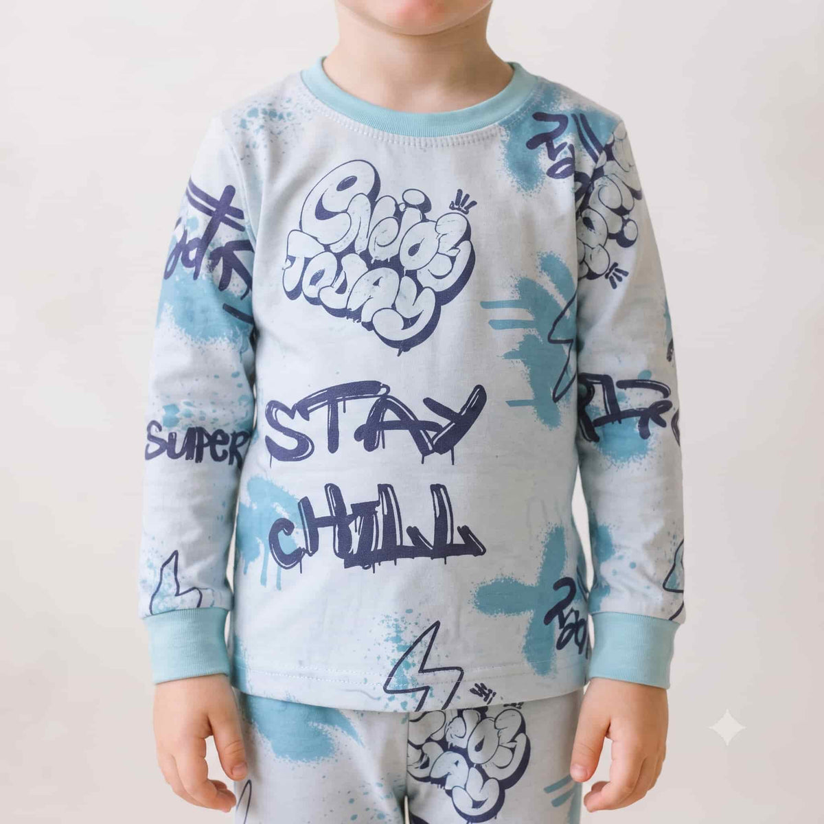 Stay Chill Boys Full Sleeves Pajama Set - Light Blue