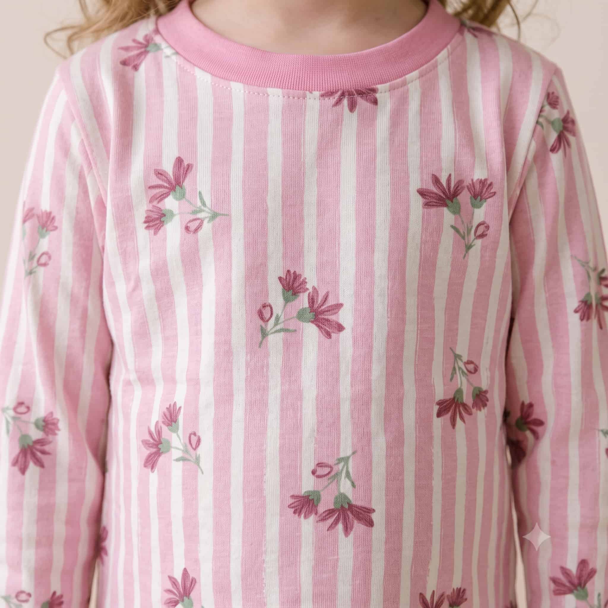 Striped Blossoms Girls Full Sleeves Pajama Set - Light Pink